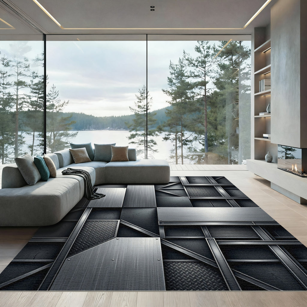 Industrial Steel Metallic Geometric Grid Rug
