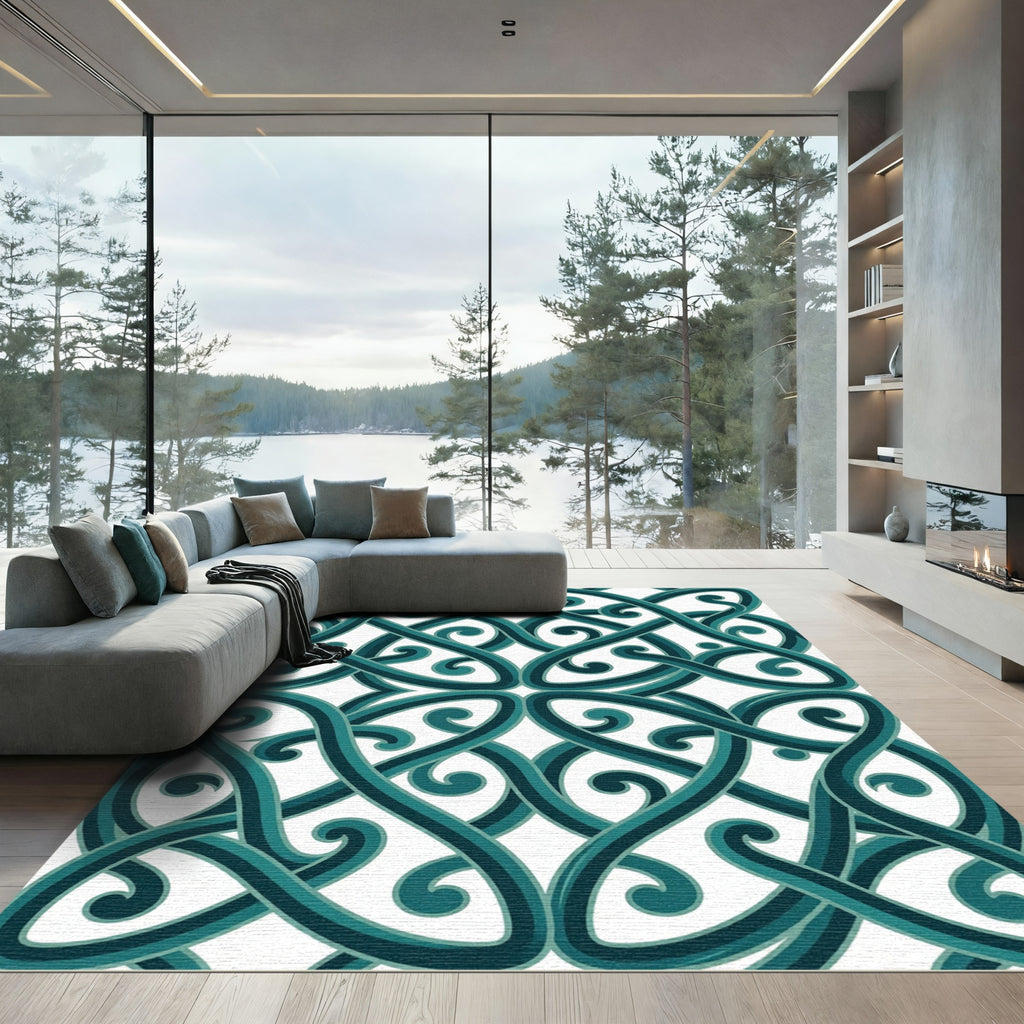 Teal Celtic Interlocking Knotwork Scroll Rug