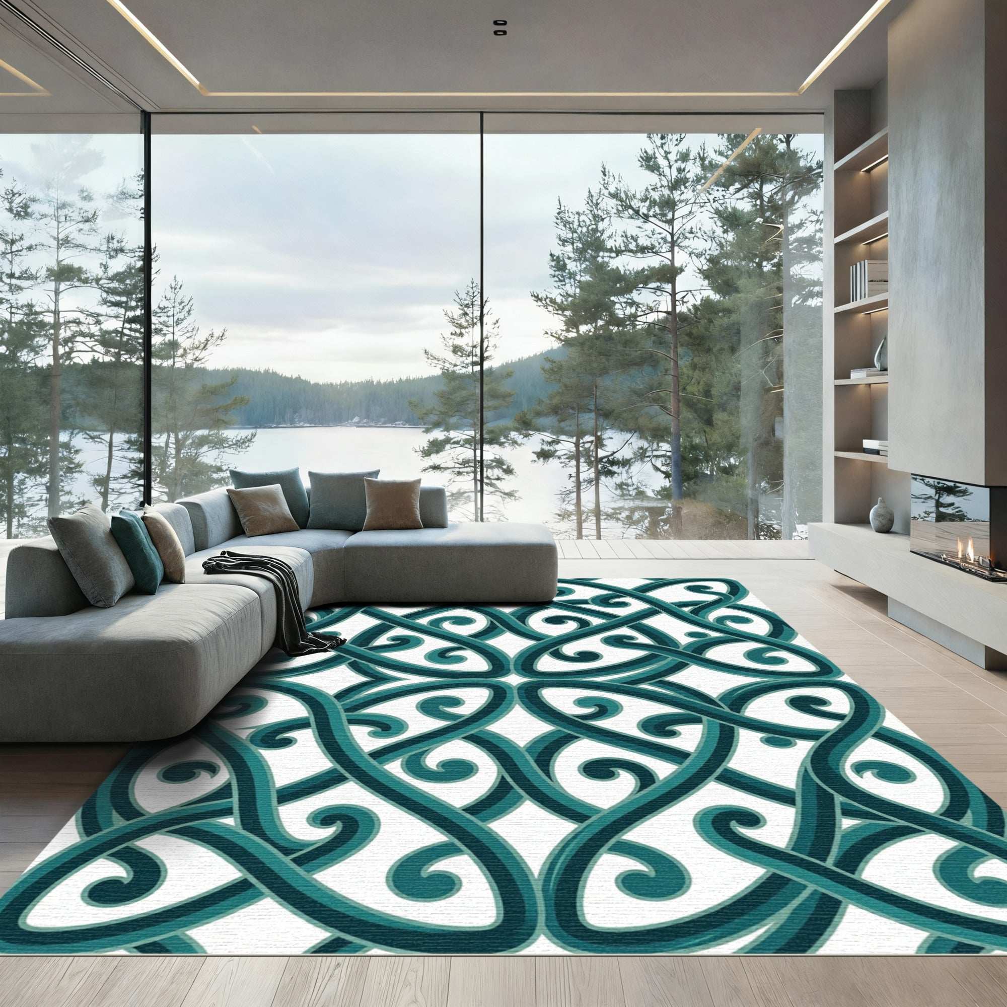 Teal Celtic Interlocking Knotwork Scroll Rug