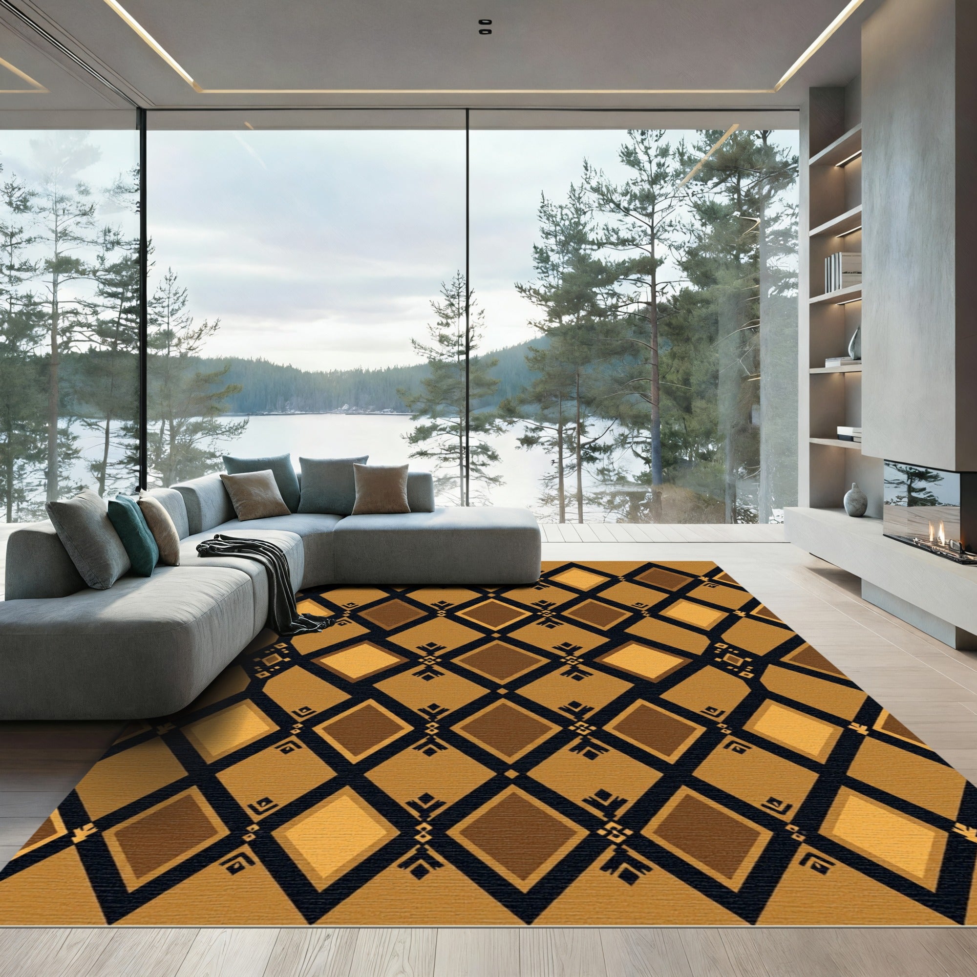 Geometric Golden Amber Black Diamond Rug
