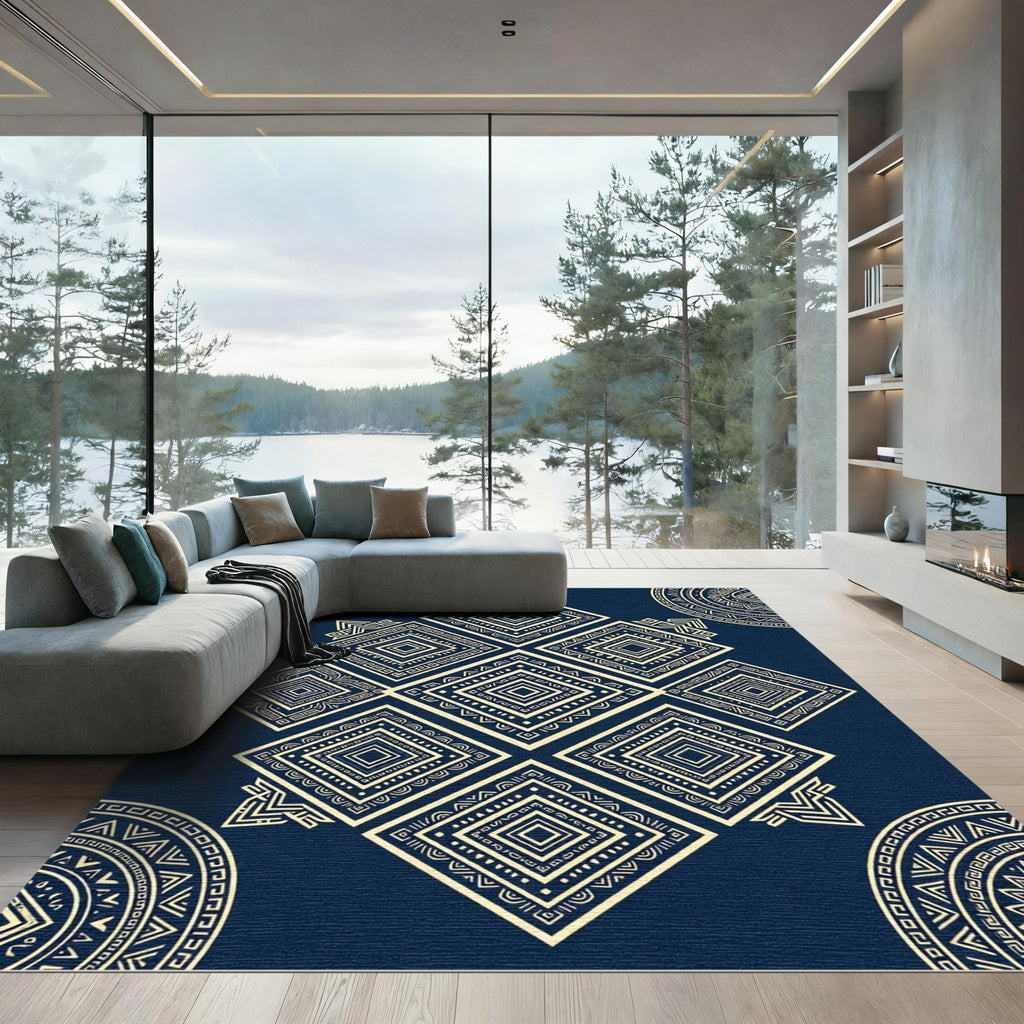 Navy Geometric Golden Diamond Mandala Rug