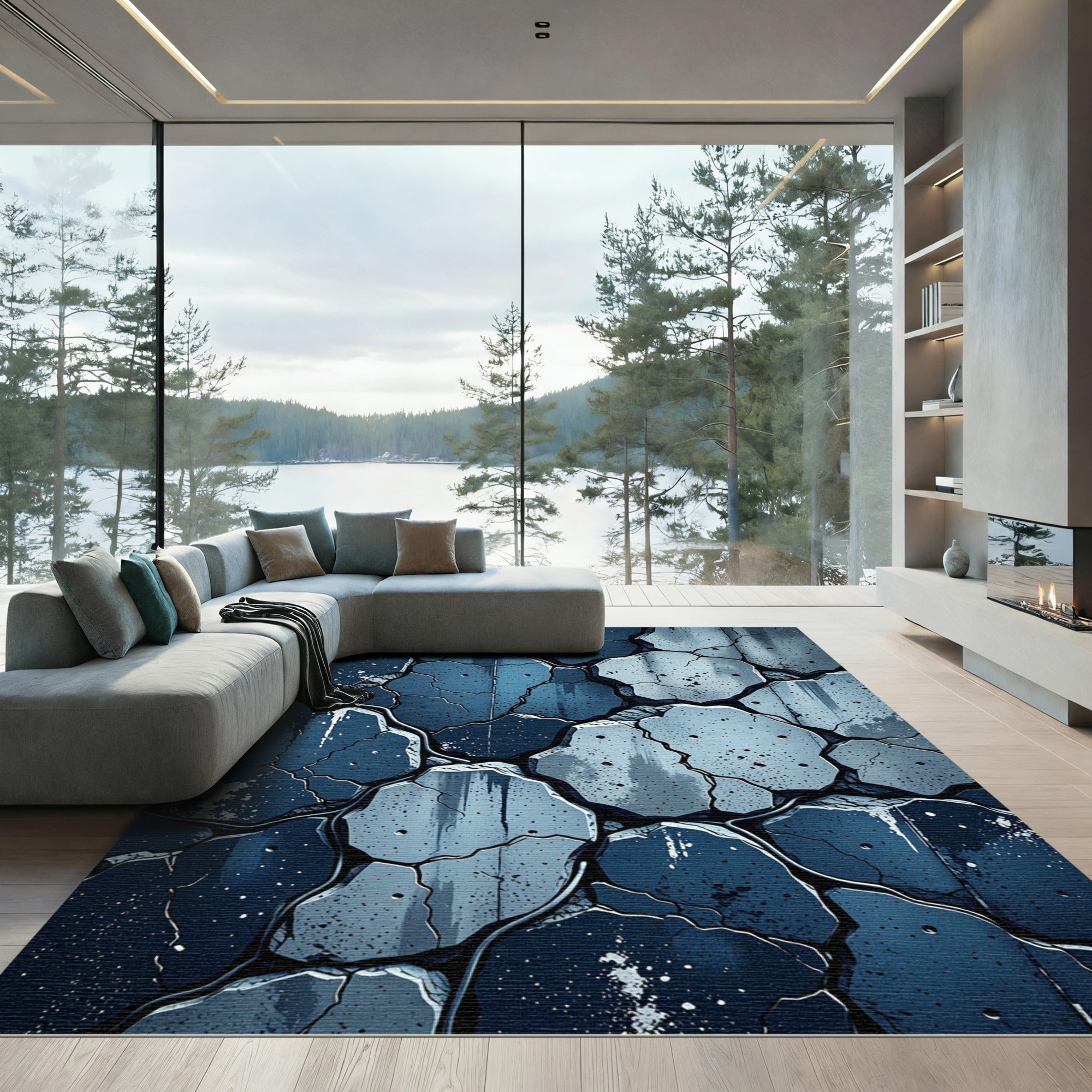Rough Slate Blue Cracked Stone Rug