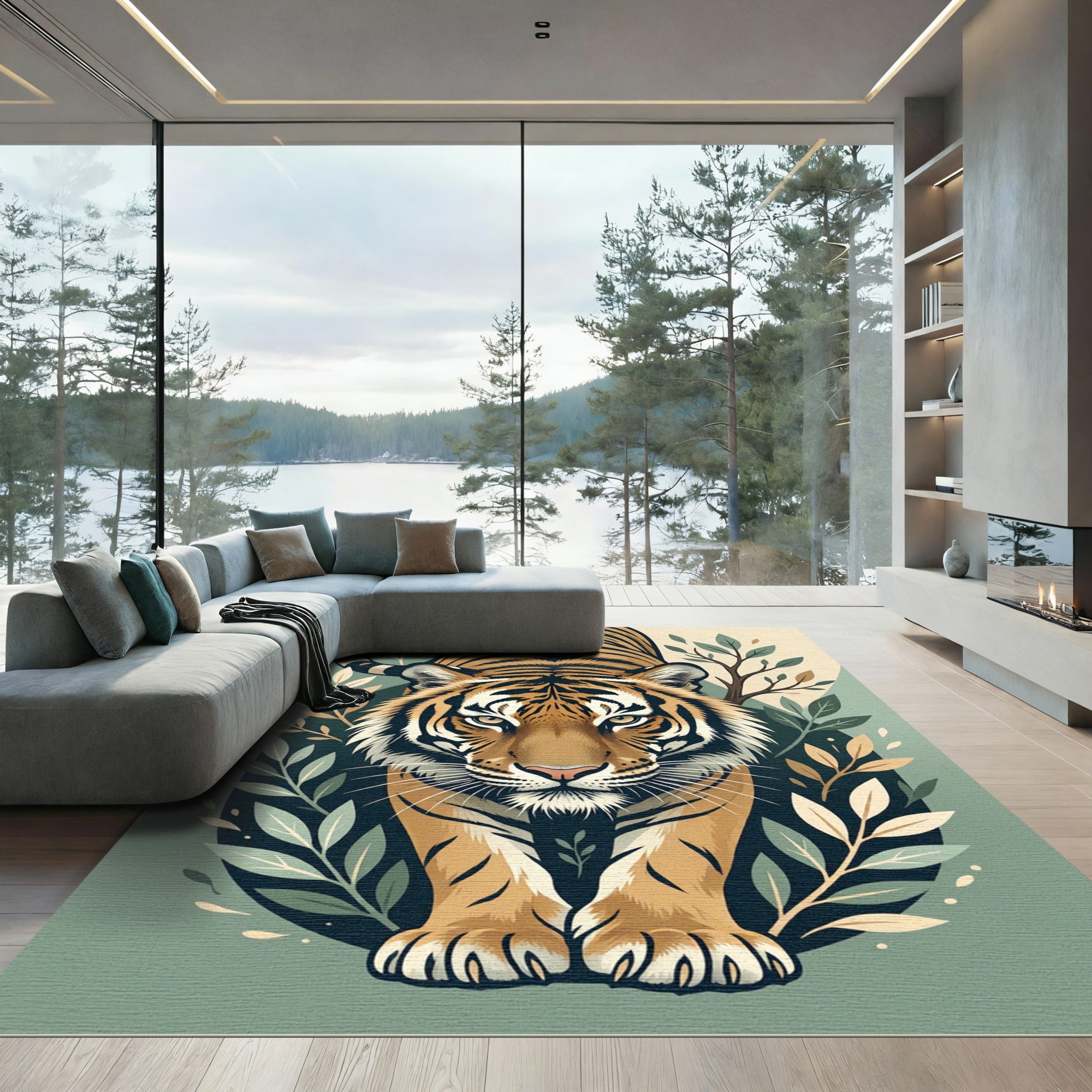 Bold Tiger With Green Foliage Rug