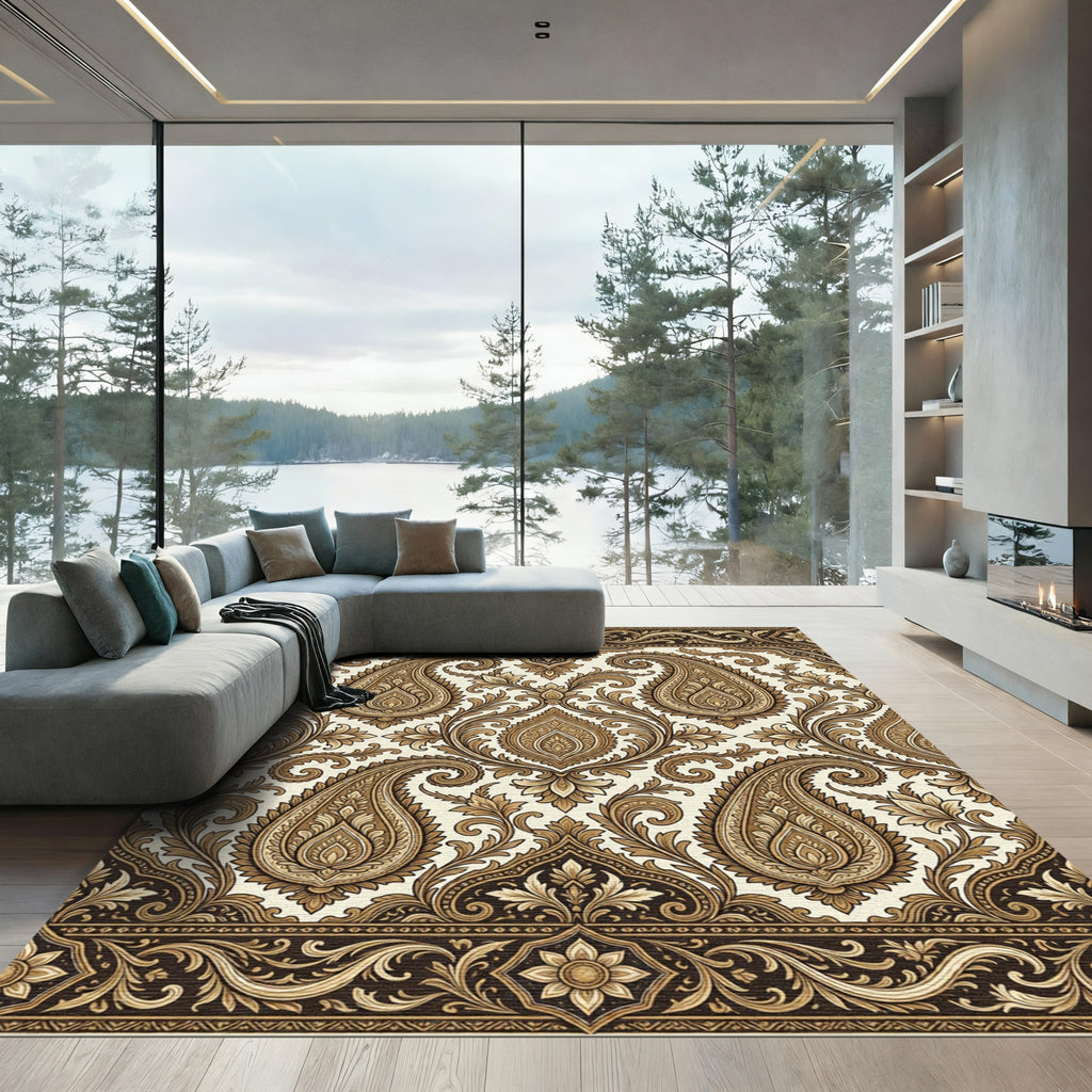 Ornate Paisley Gold Floral Border Rug