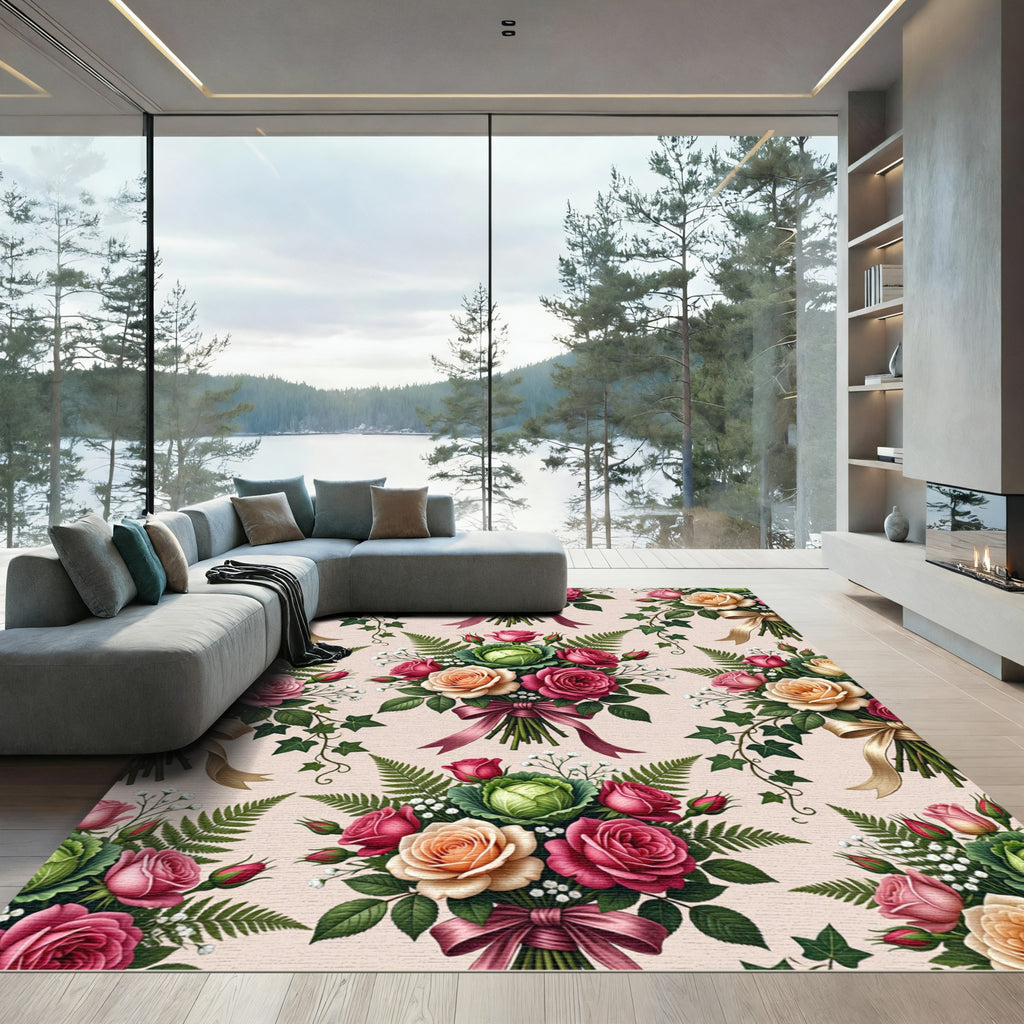 Romantic Rose and Cabbage Floral Bouquet Rug