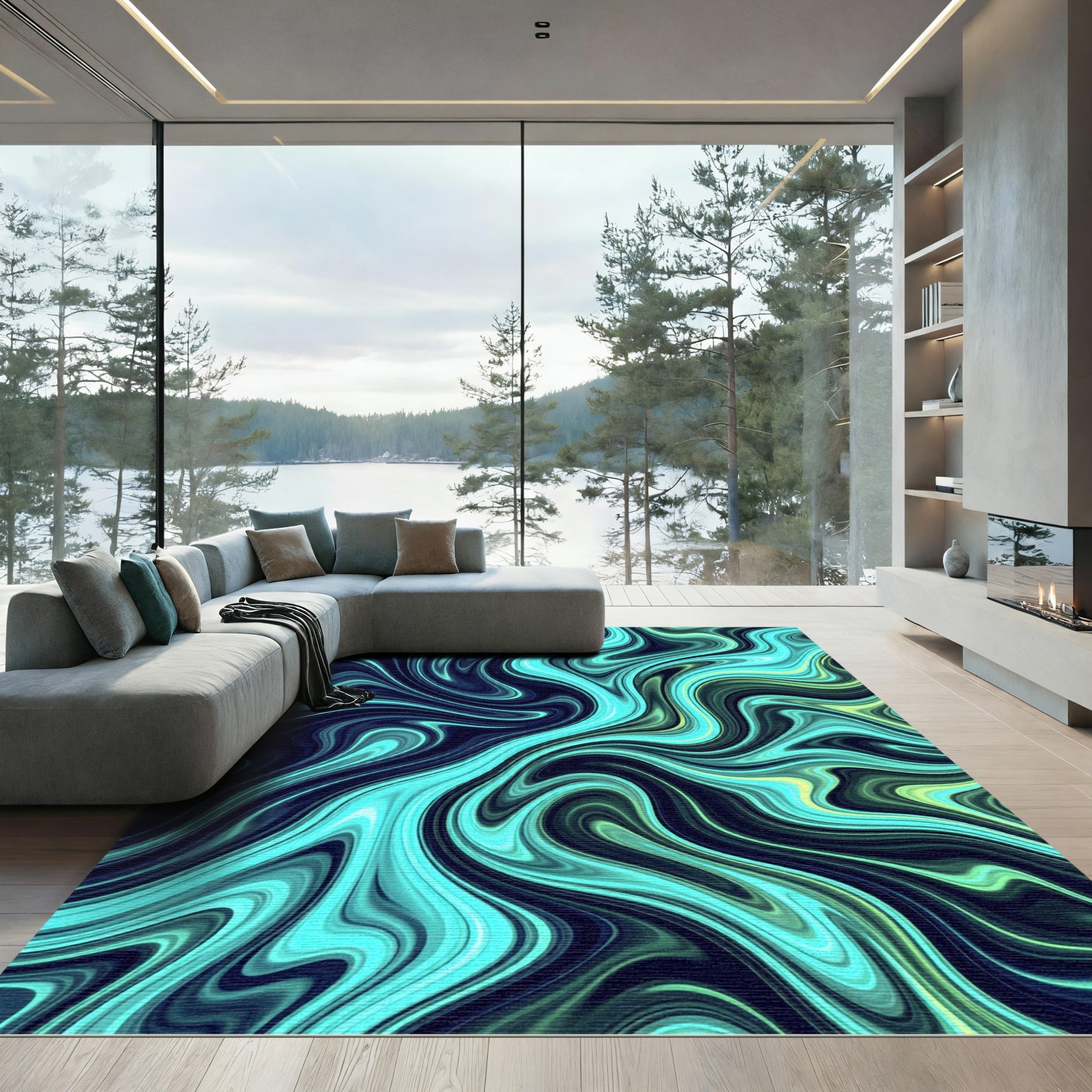 Modern Teal and Lime Swirling Marble Rug