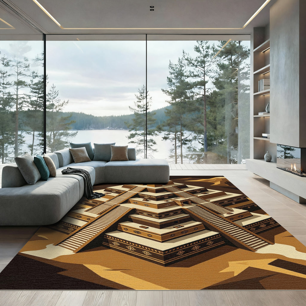 Geometric Terracotta Ziggurat Step Art Rug