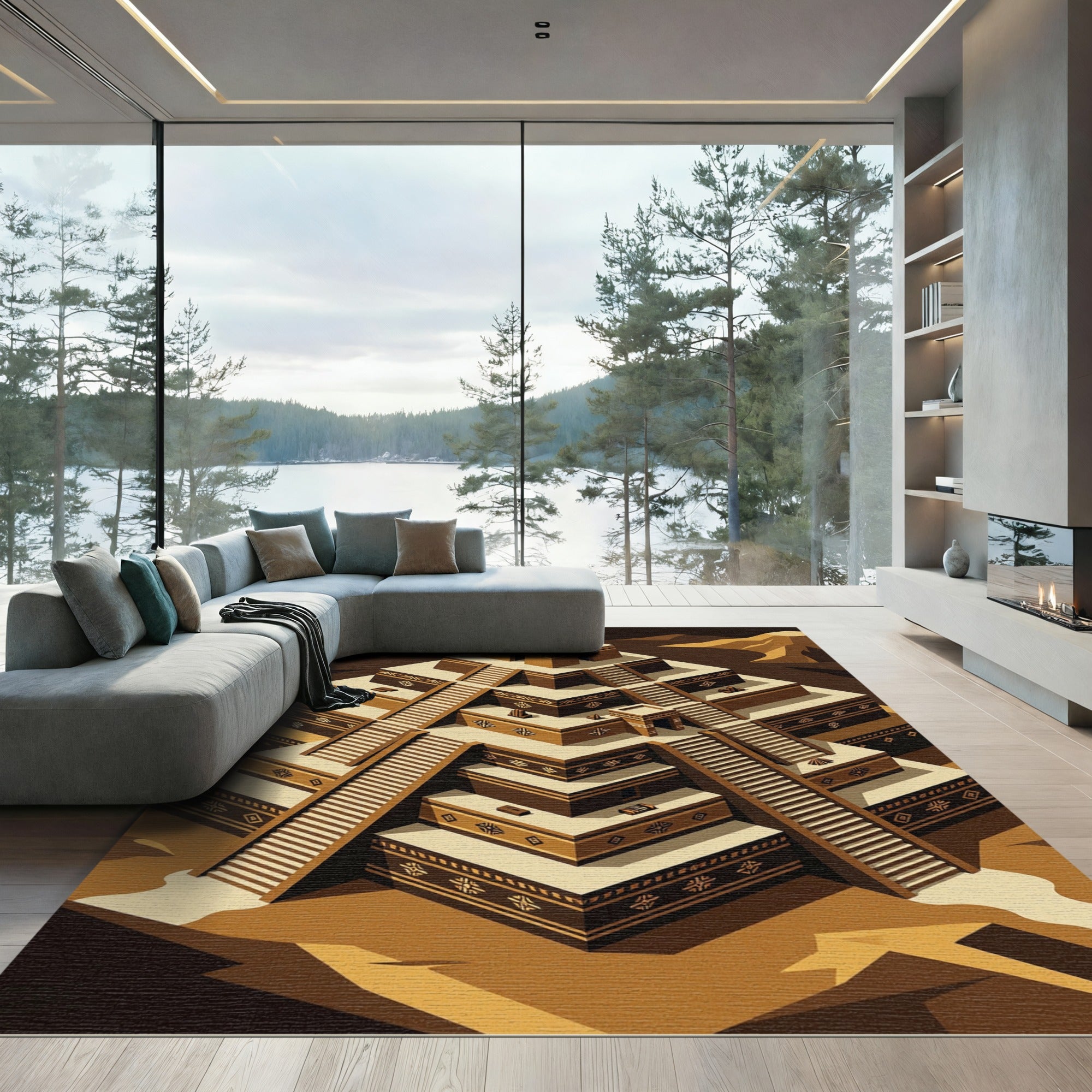 Geometric Terracotta Ziggurat Step Art Rug