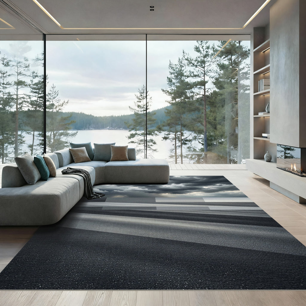 Monochrome Stormy Horizon Abstract Striped Rug