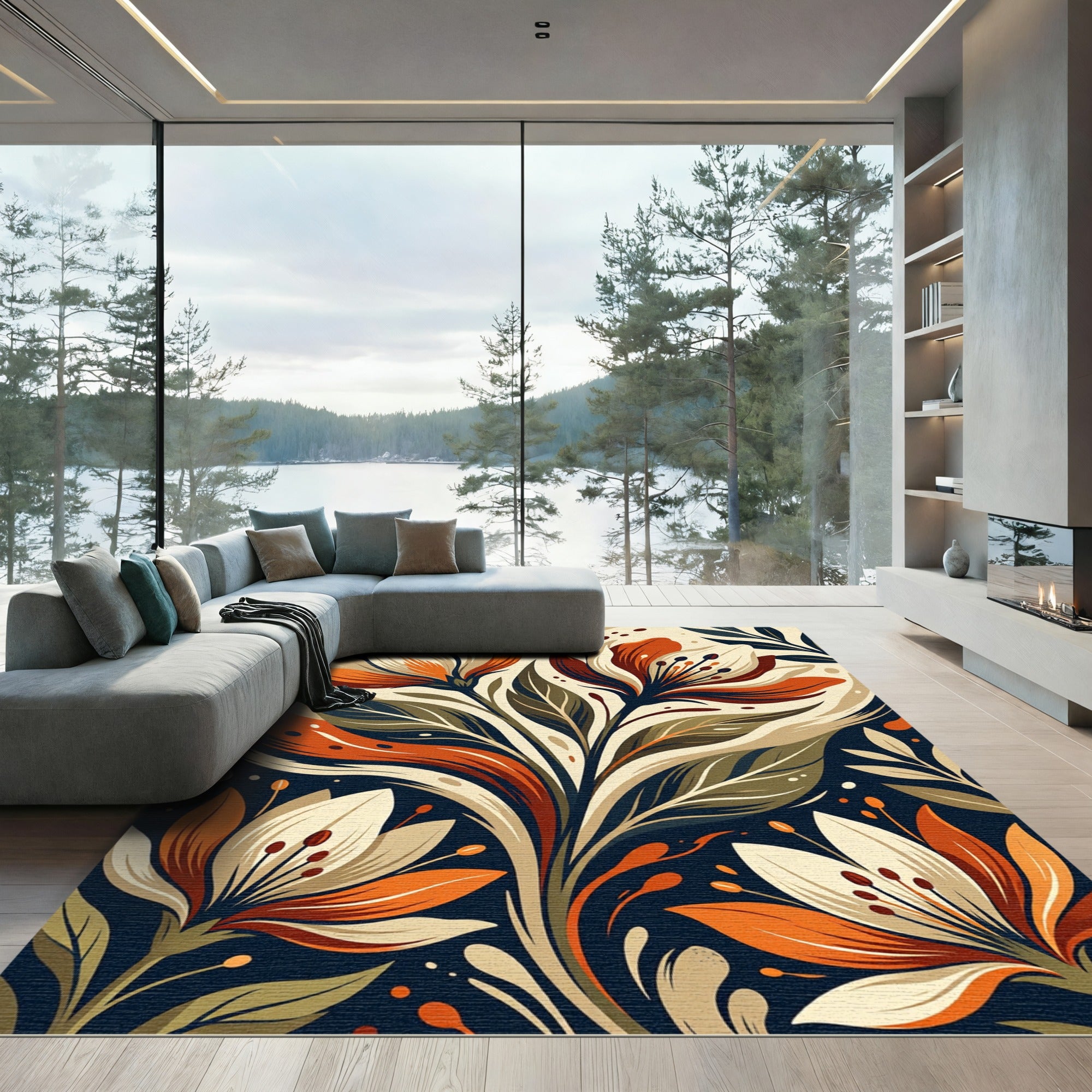 Art Nouveau Burnt Orange Floral Meadow Rug
