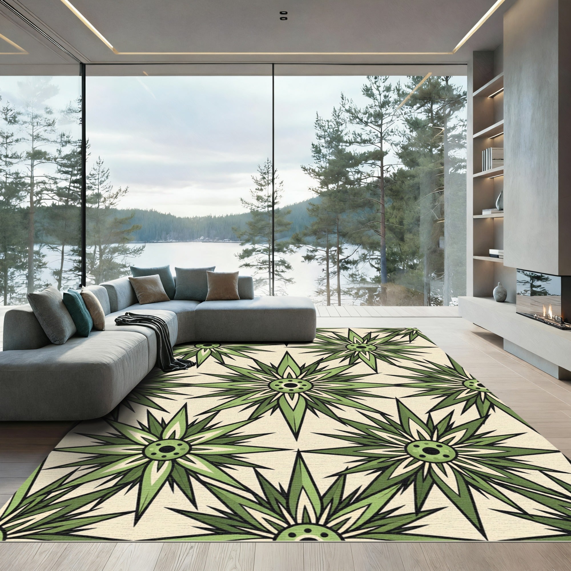 Sage Green Starburst Geometric Tile Rug