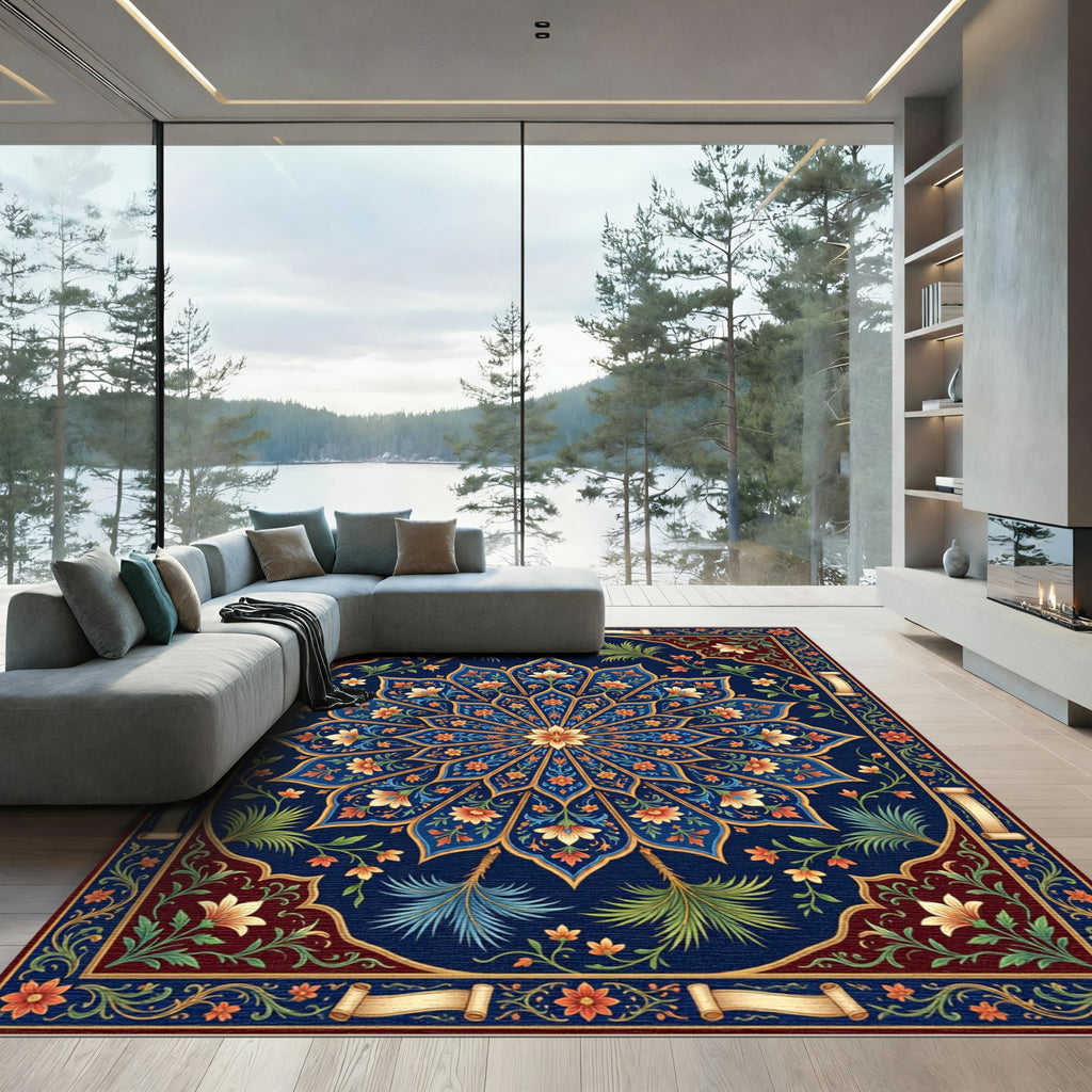 Deep Blue Floral Medallion Botanical Art Rug