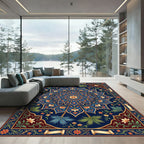 Deep Blue Floral Medallion Botanical Art Rug