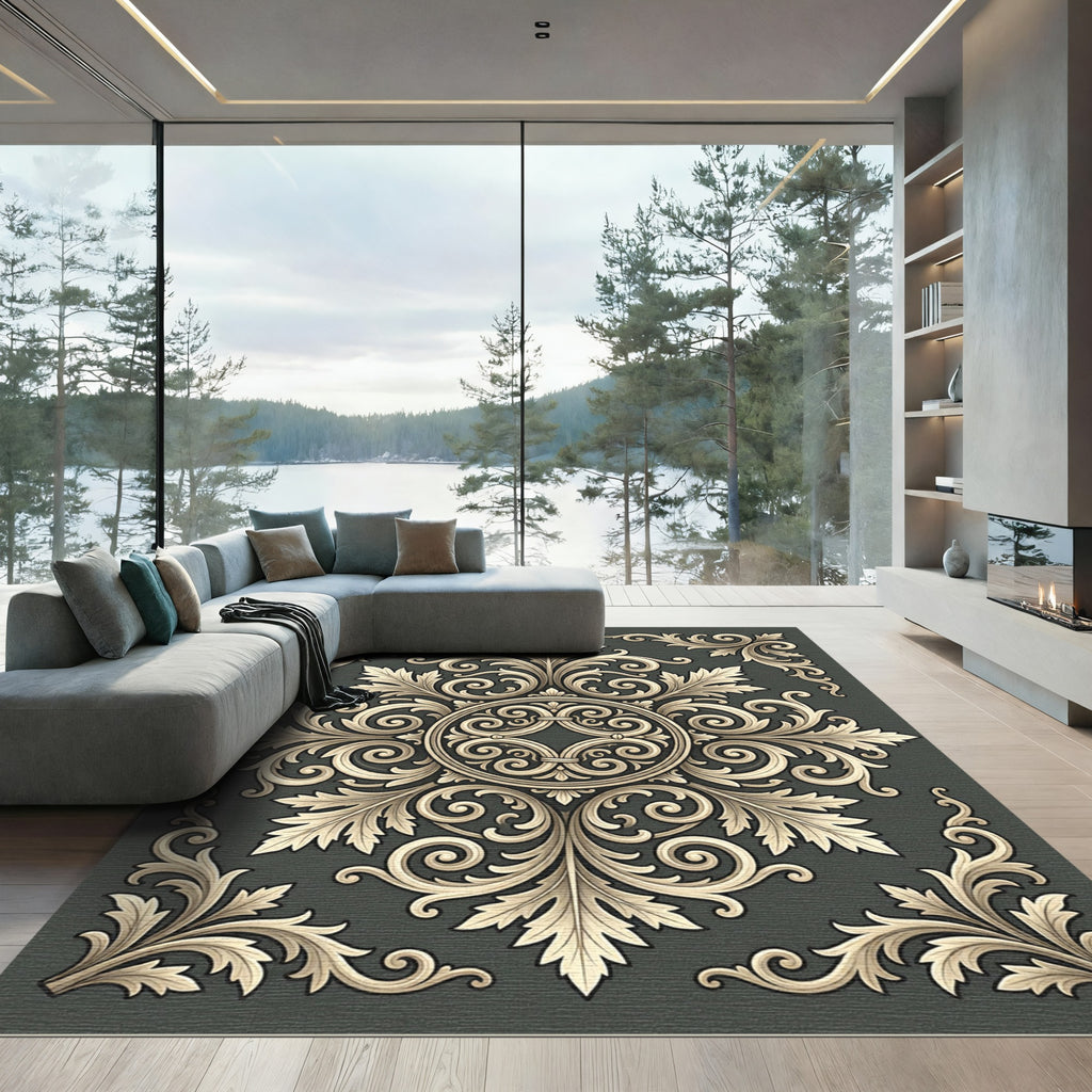Ornate gold acanthus scrollwork medallion Rug