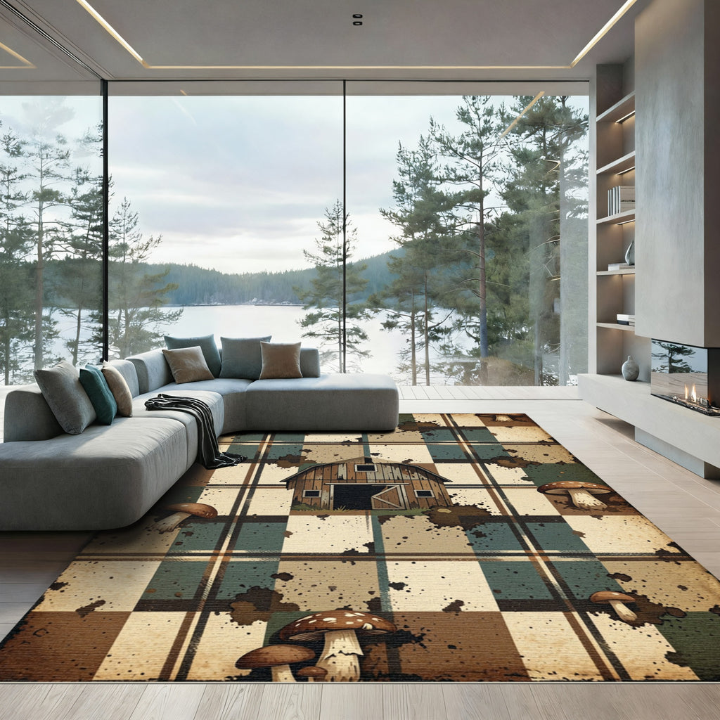 Rustic Plaid Farmhouse Mushroom Woodland Rug
