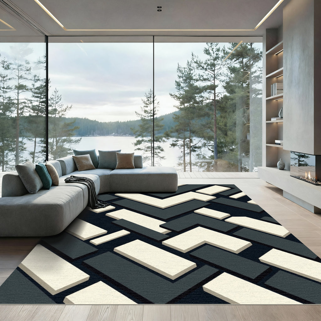 Monochromatic Geometric Chevron Block Rug