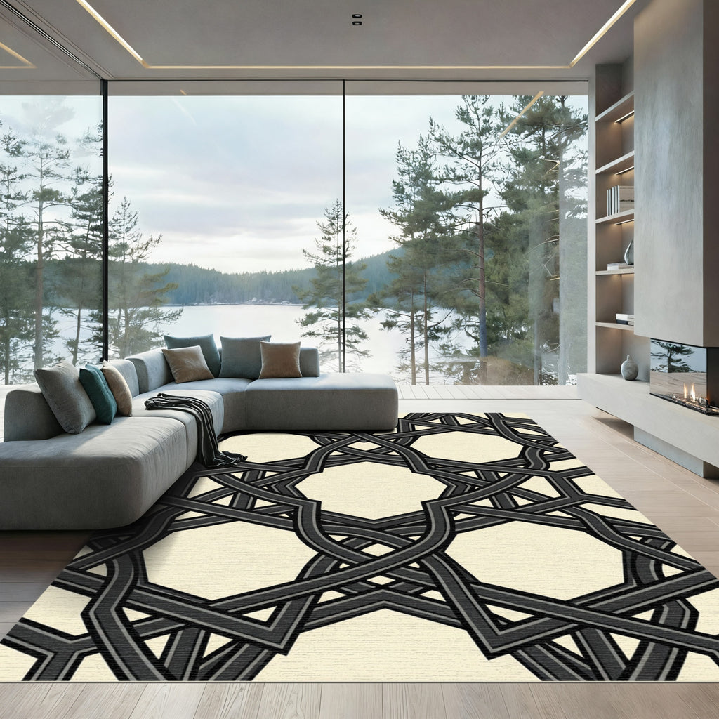 Sophisticated Charcoal Interlocking Geometric Grid Rug