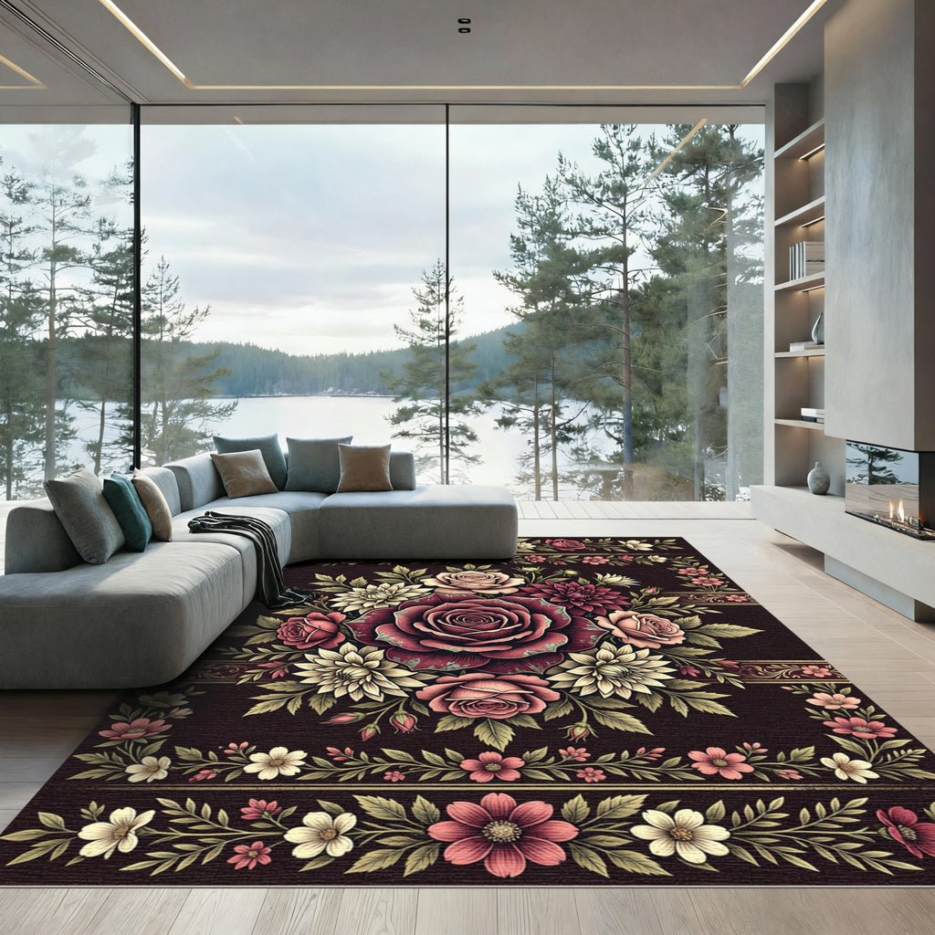 Regal Burgundy Rose Floral Medallion Rug