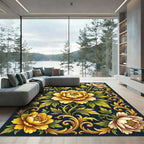 Golden Peonies with Baroque Scrollwork Rug