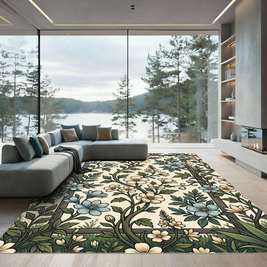 Vintage Blue and Cream Trellis Floral Rug