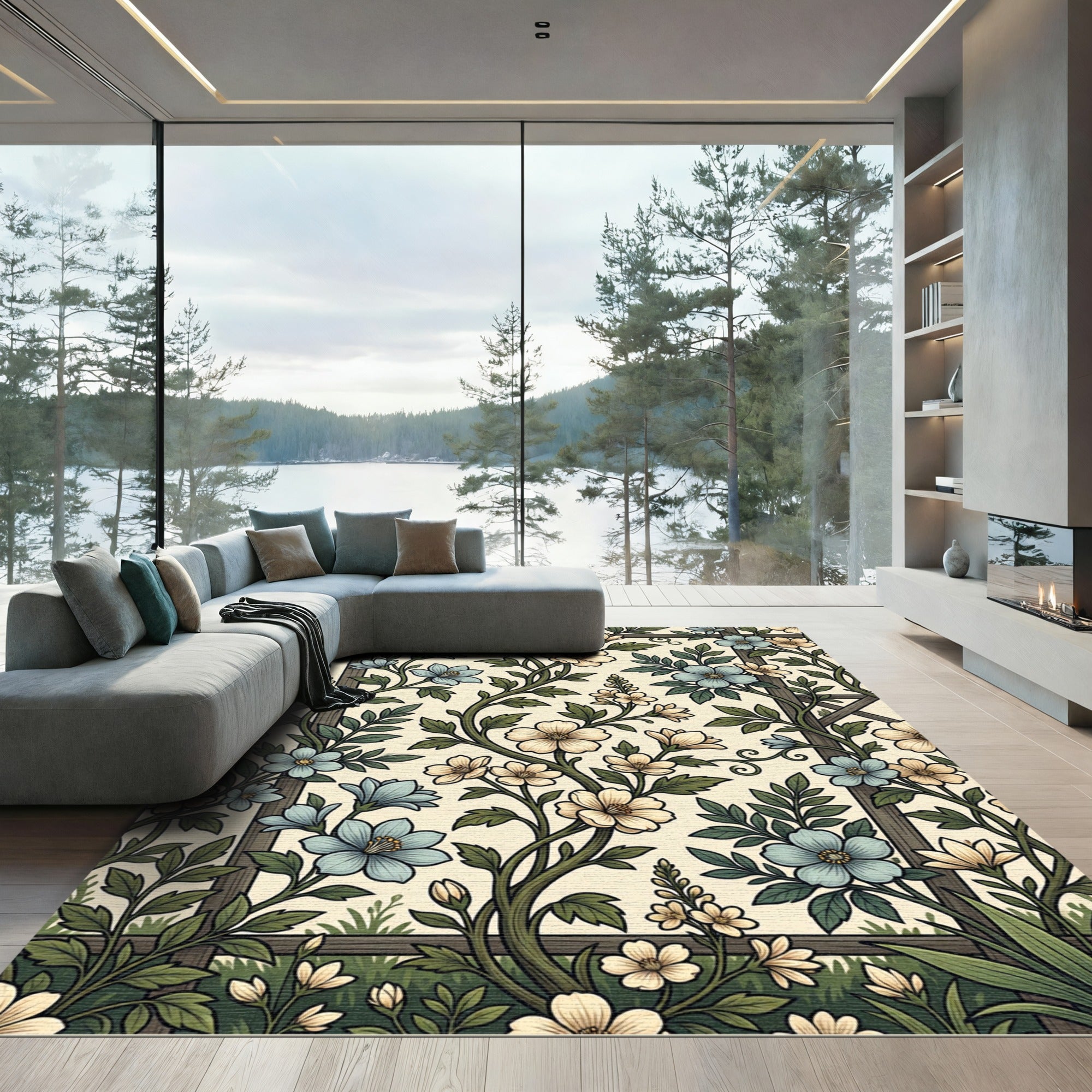 Vintage Blue and Cream Trellis Floral Rug