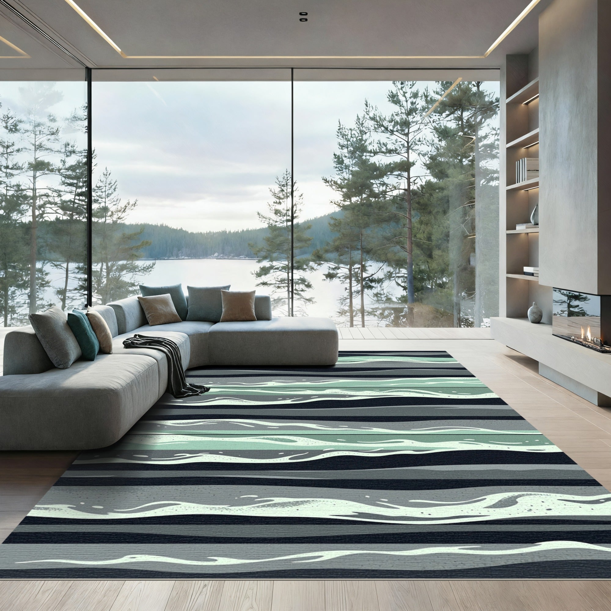 Modern Sage and Charcoal Wavy Stripe Rug