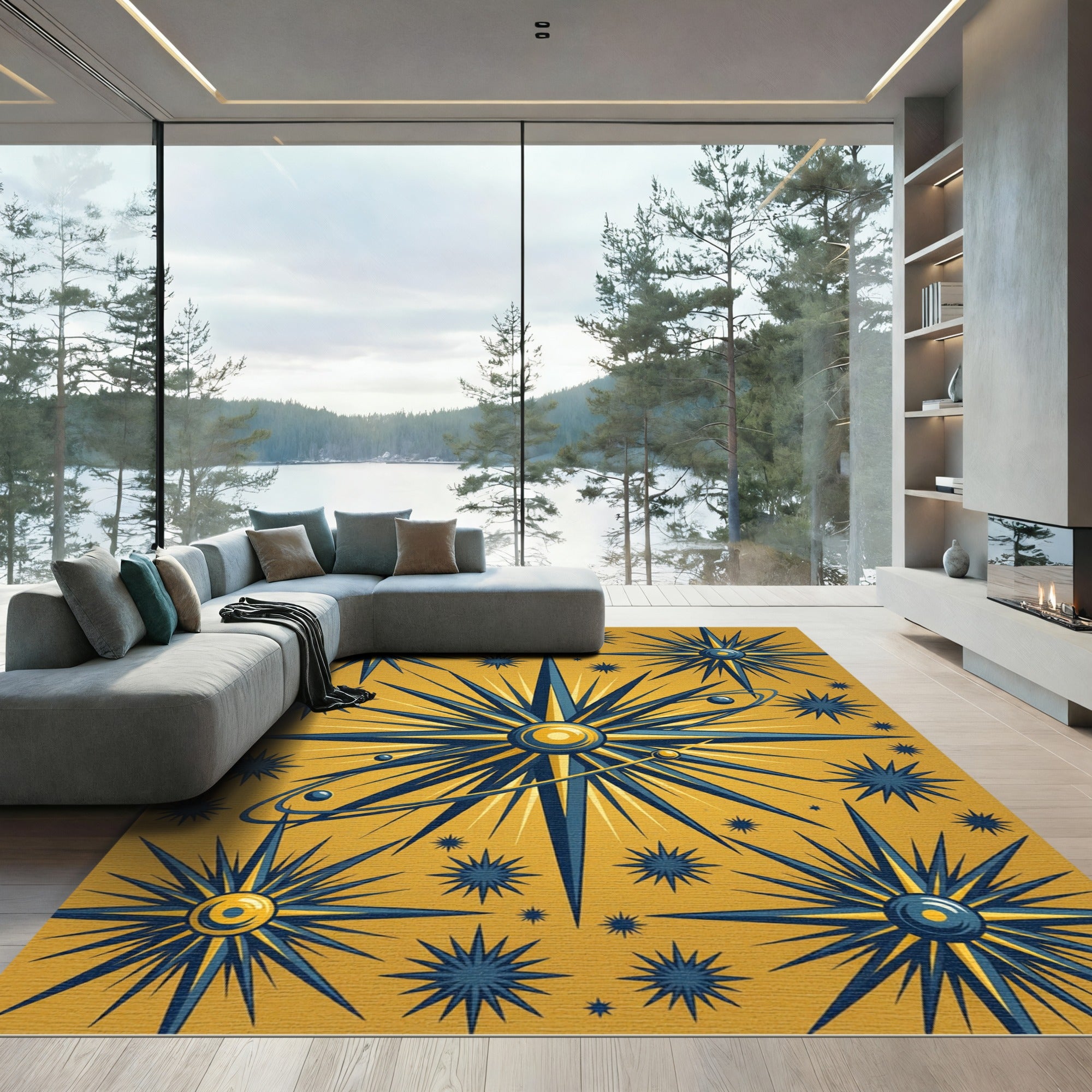 Celestial Golden Starry Constellation Art Rug