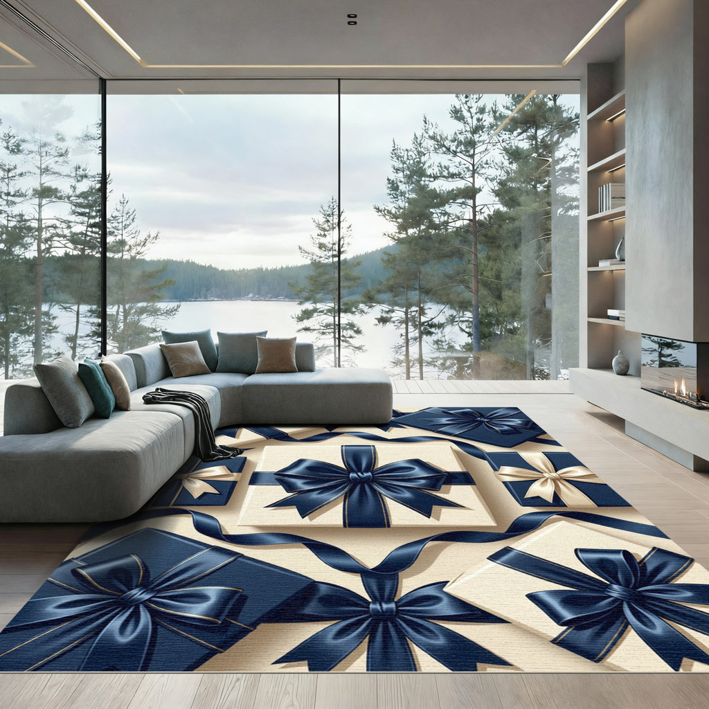 Elegant Navy Blue Ribbon Gift Wrap Rug