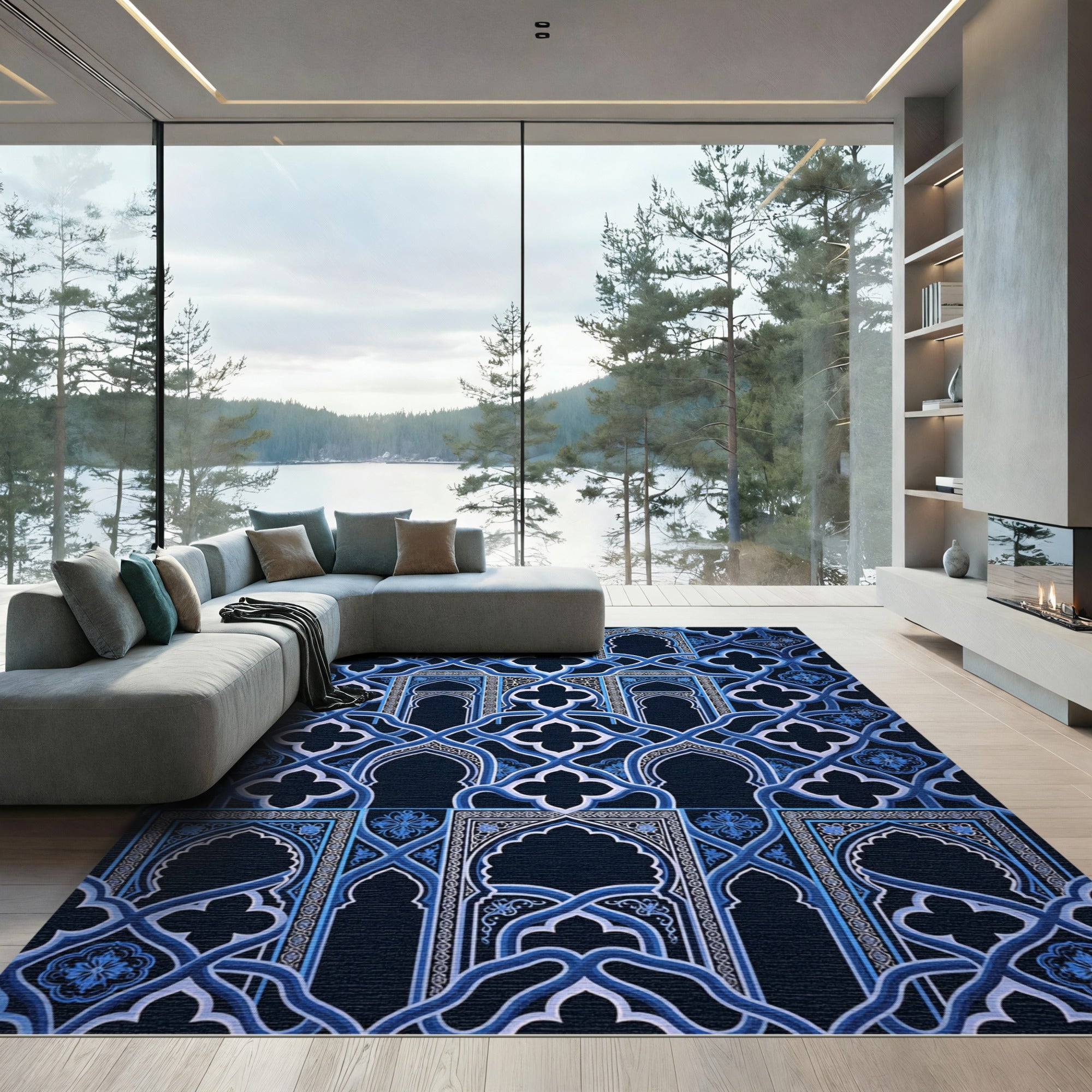 Navy Geometric Arabesque Interlocking Arch Rug