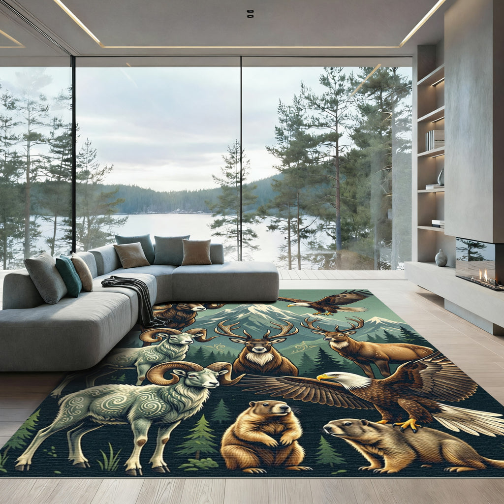 Majestic Mountain Wildlife Forest Scene Rug