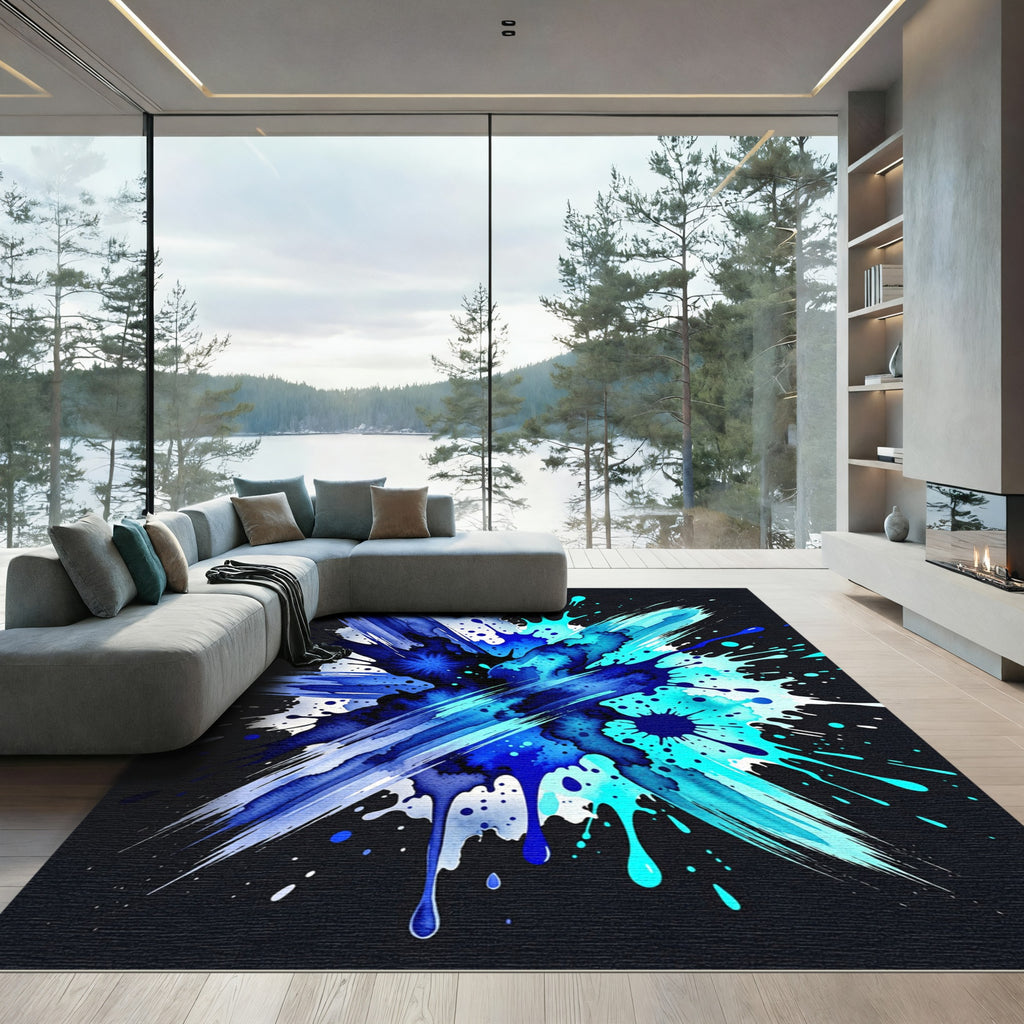 Vibrant Azure Liquid Splash Abstract Rug