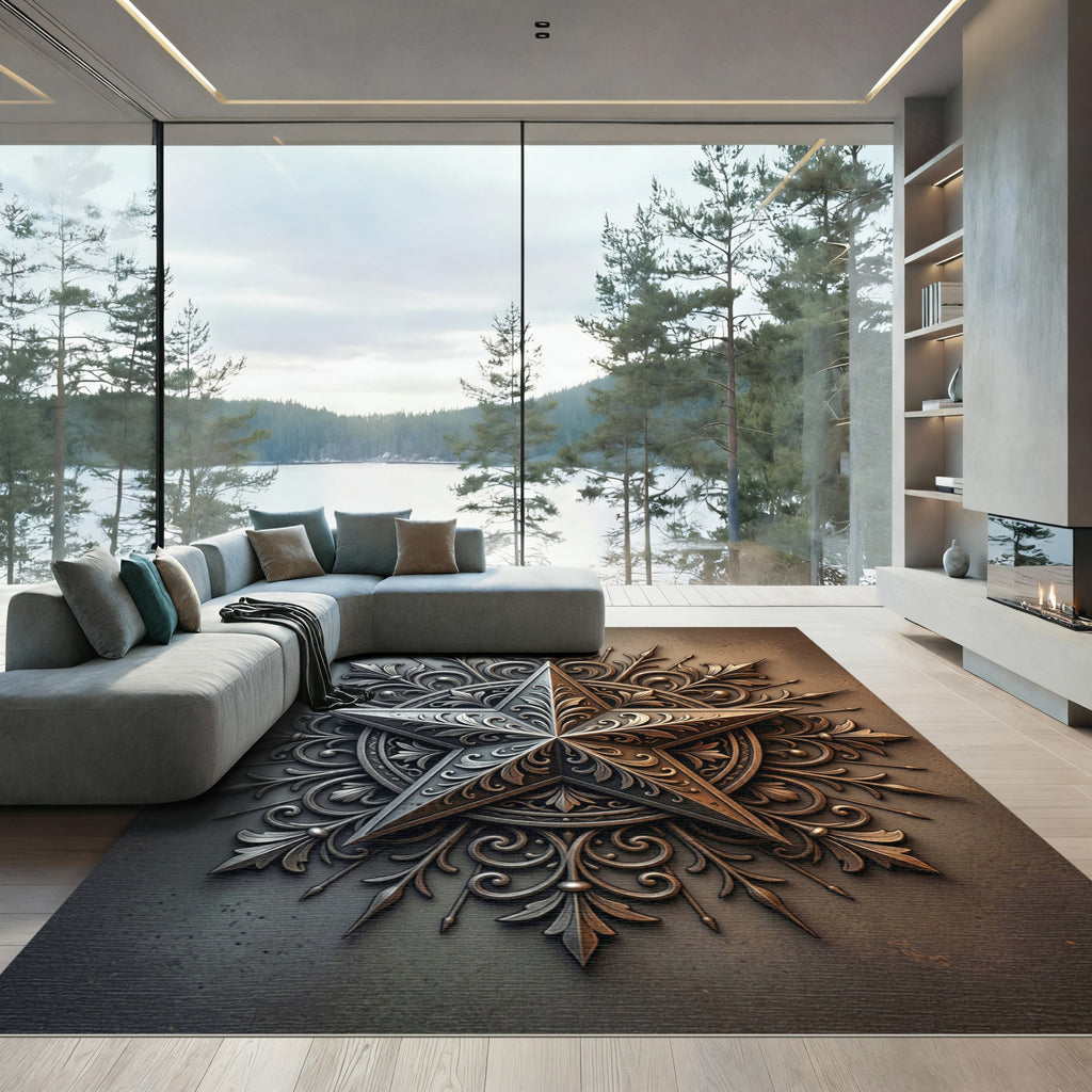 Ornate Metallic Silver Star Medallion Rug