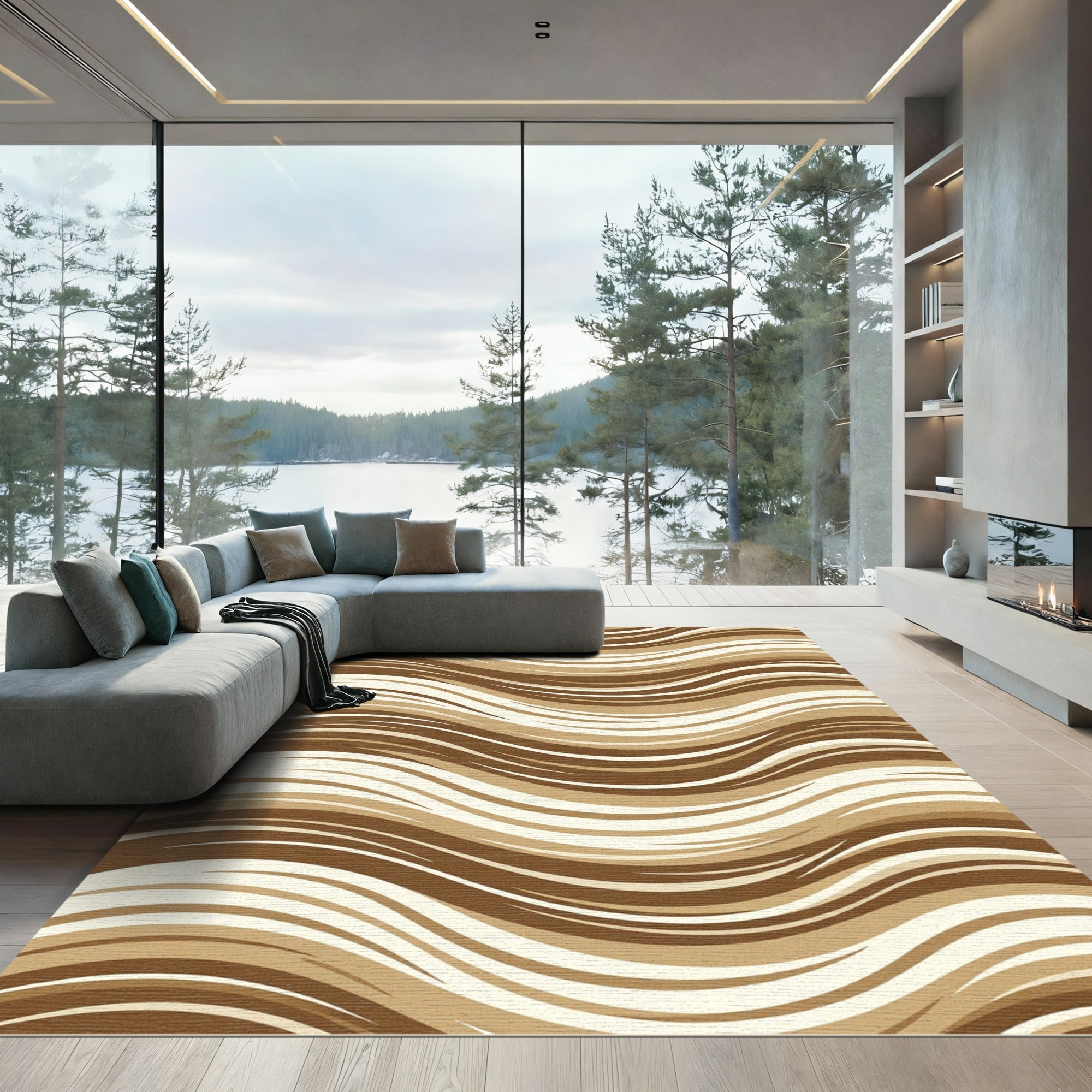 Earthy Brown Cream Flowing Waves Rug