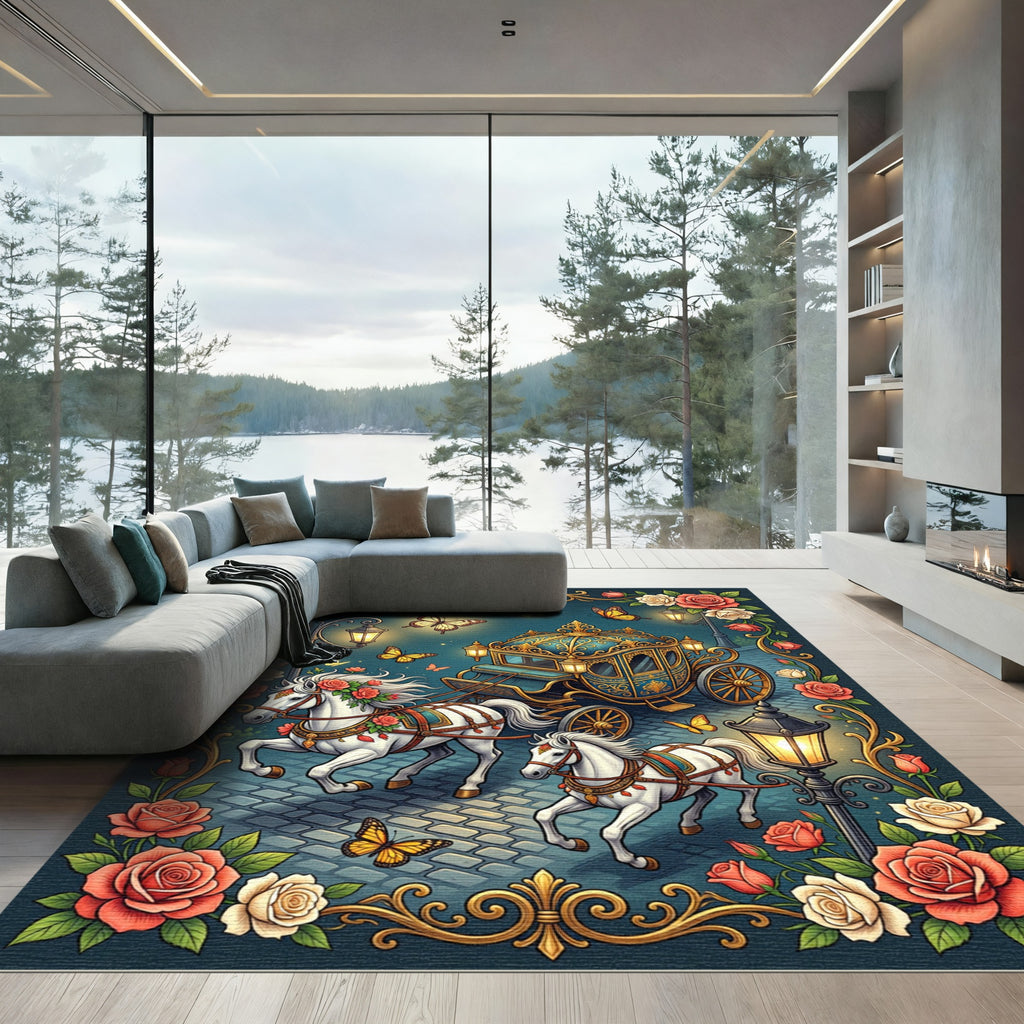 Whimsical Golden Butterfly Carriage Floral Rug