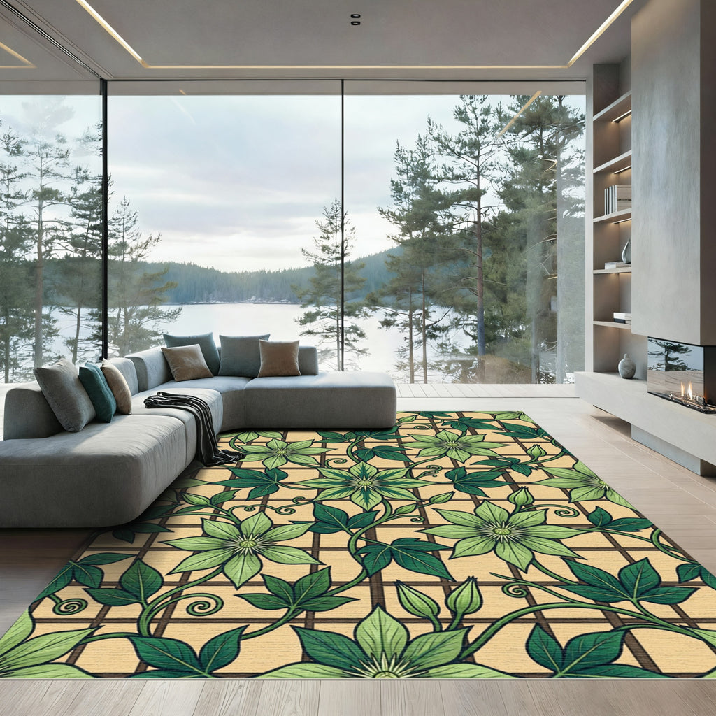 Earthy Green Clematis Trellis Grid Rug