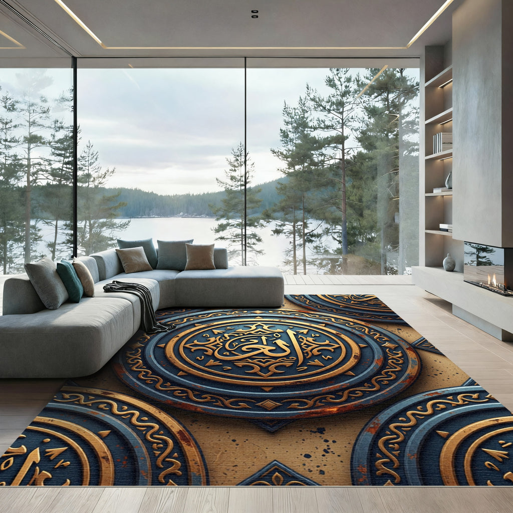 Antique Gold Blue Circular Emblem Rug