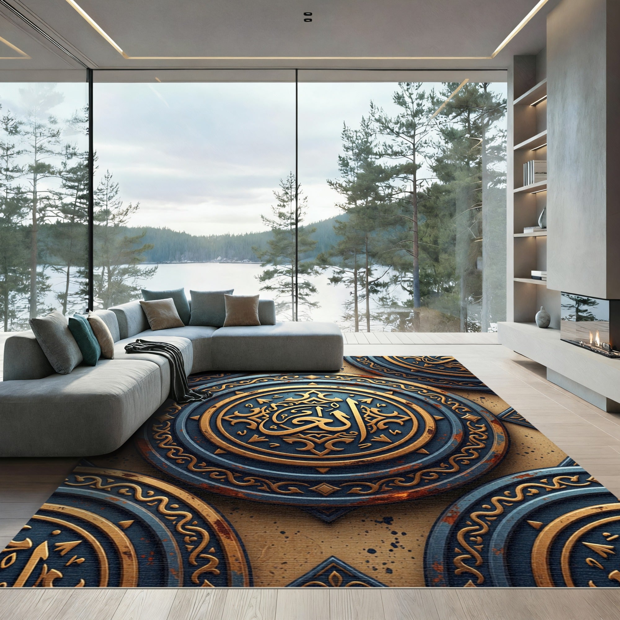 Antique Gold Blue Circular Emblem Rug