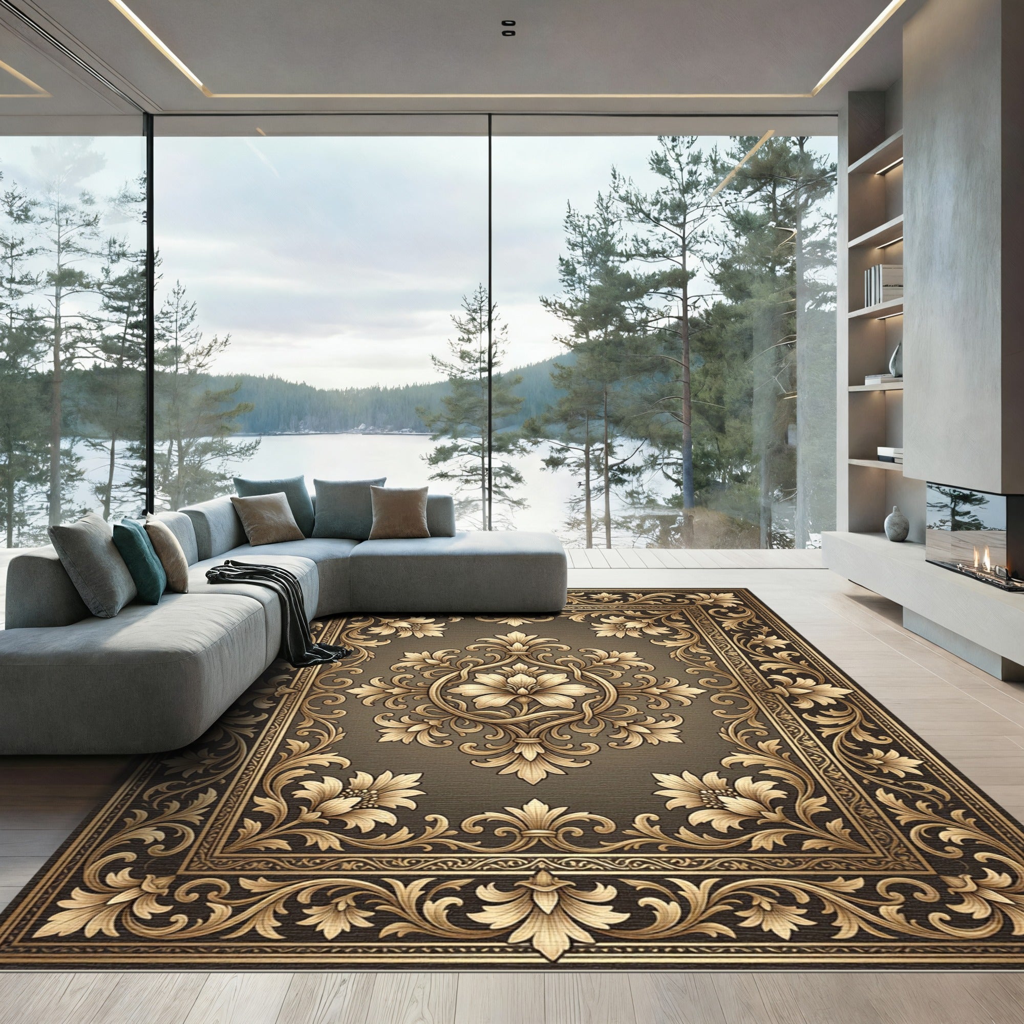 Antique Gold Floral Scroll Emblem Rug