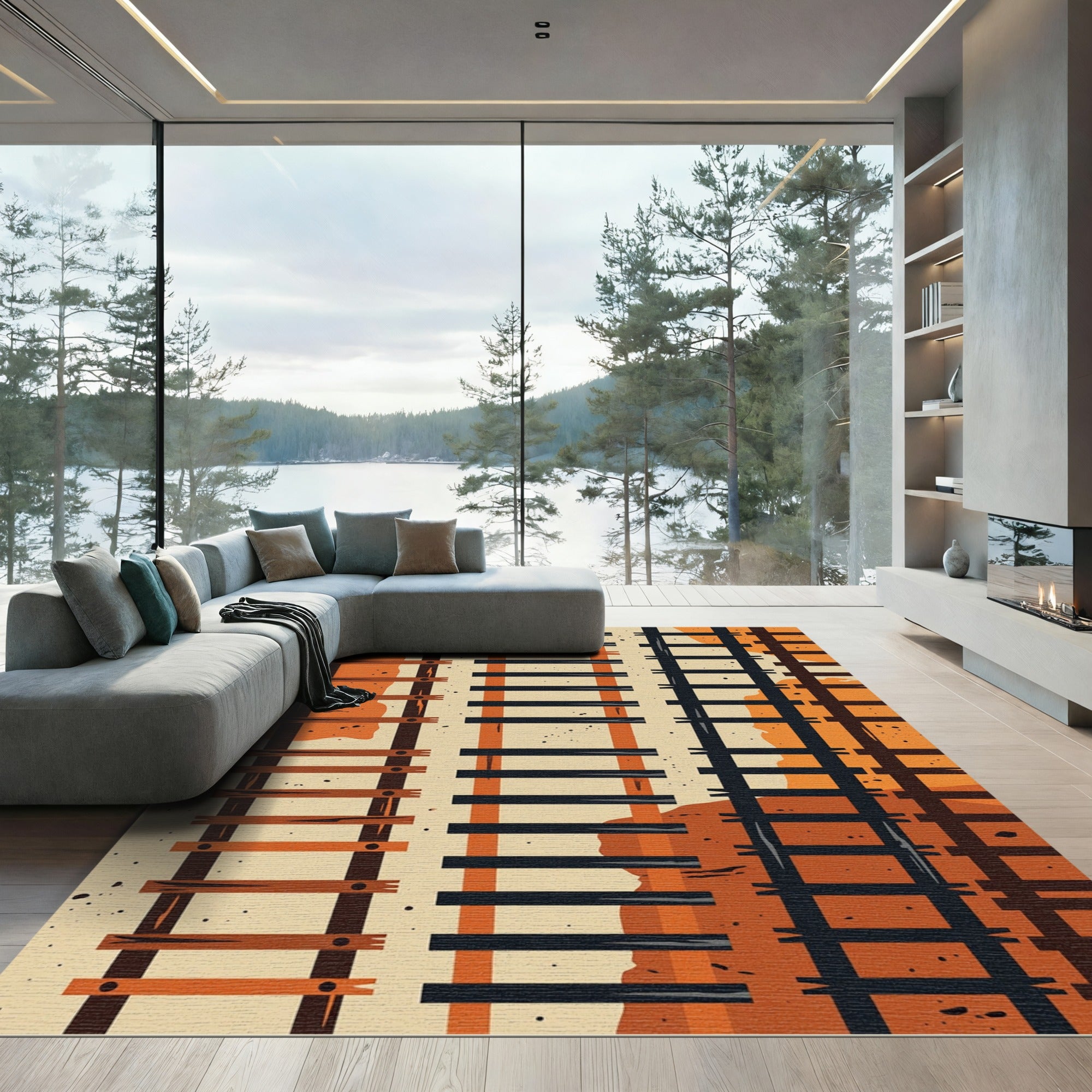 Modern Earthy Tone Railway Abstract Rug