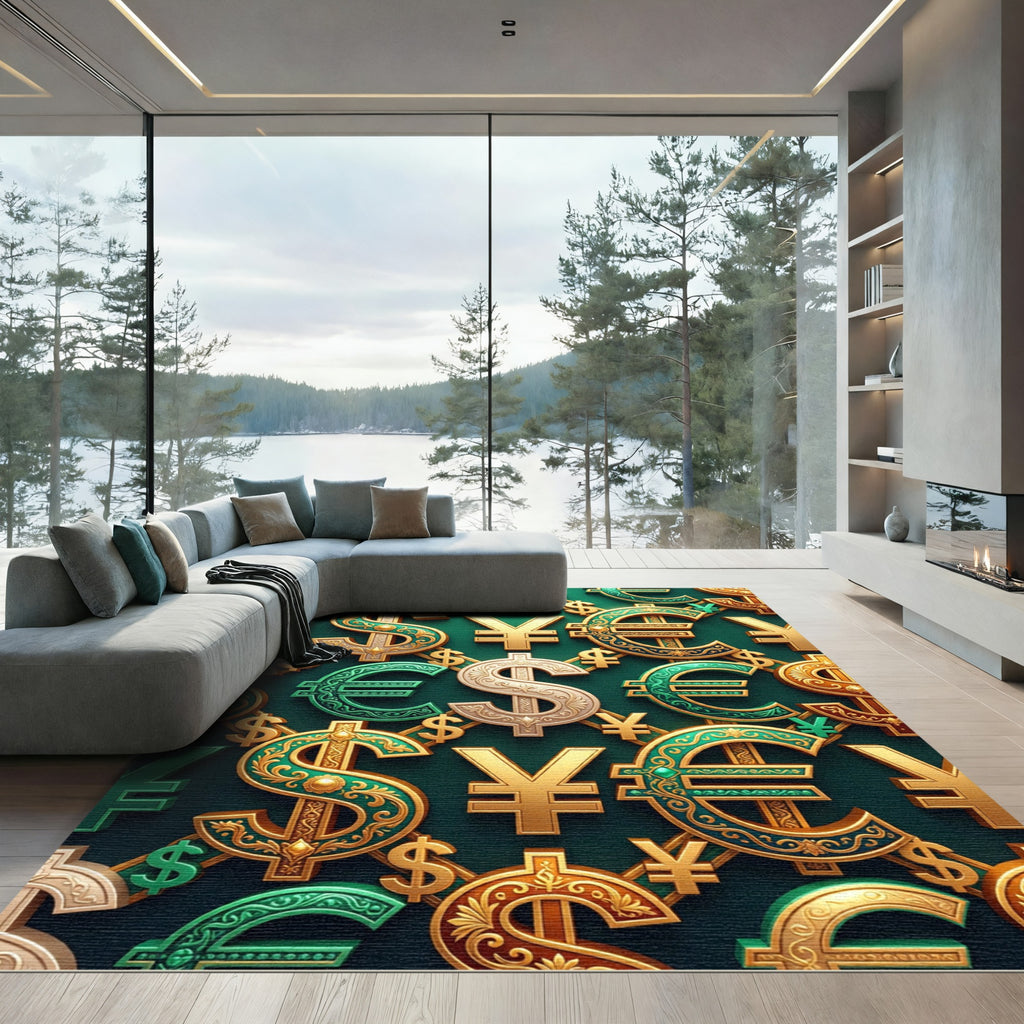 Opulent Currency Emblem Gold Teal Wallcovering Rug