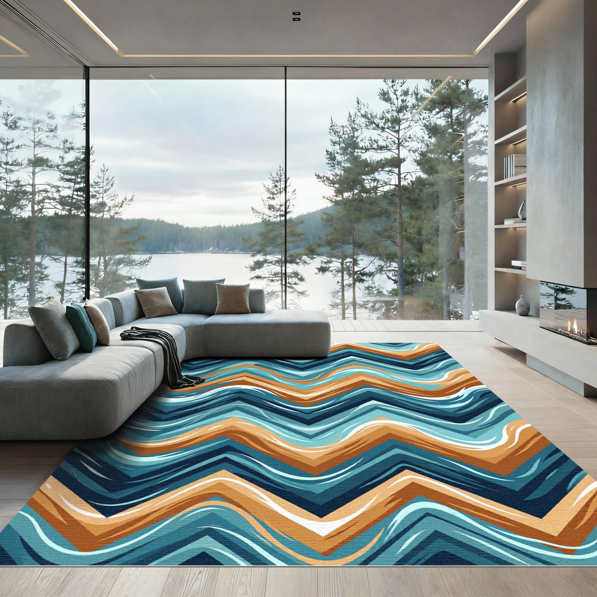 Abstract Teal and Copper Chevron Wave Rug