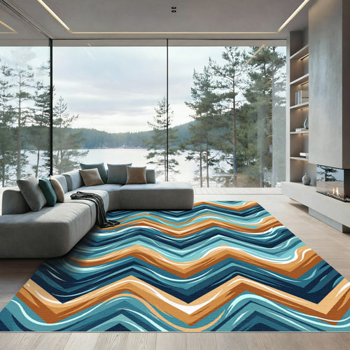 Abstract Teal and Copper Chevron Wave Rug