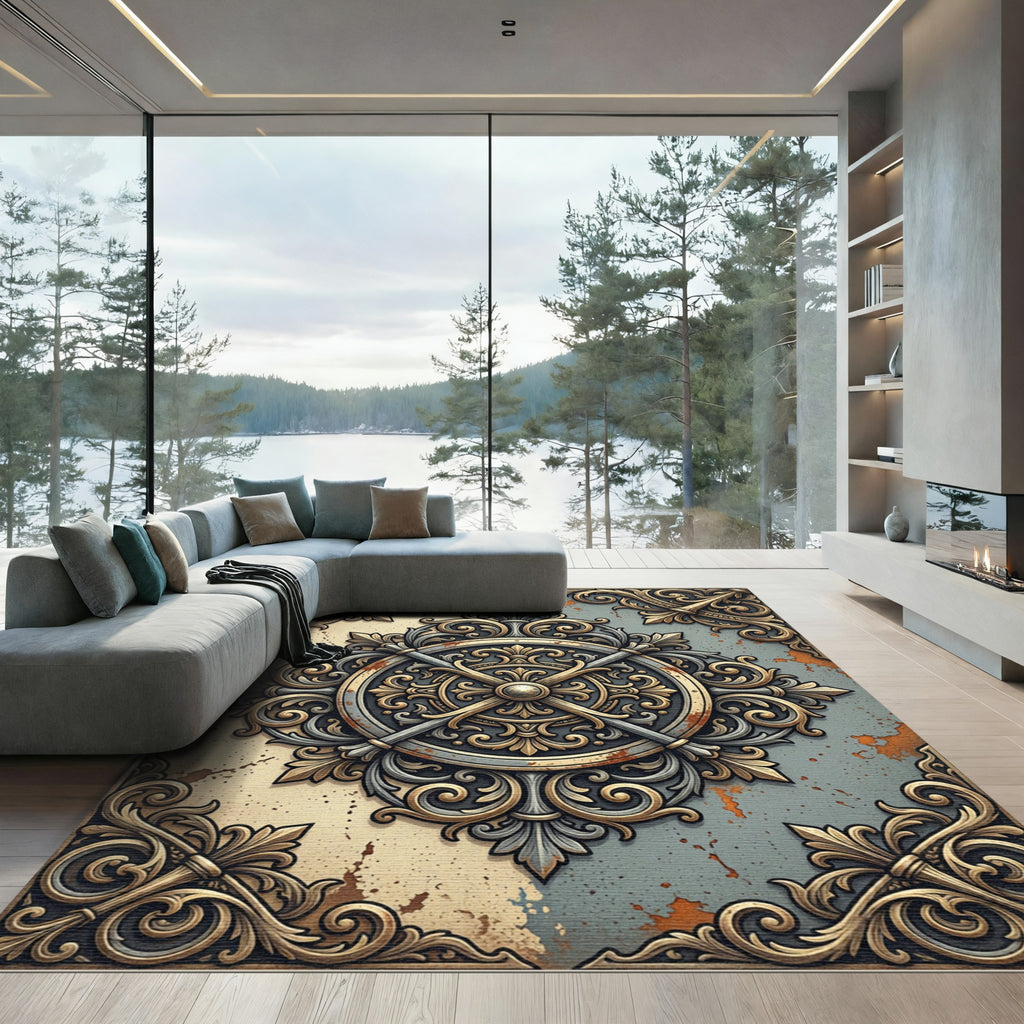 Ornate Bronze Metallic Filigree Medallion Rug