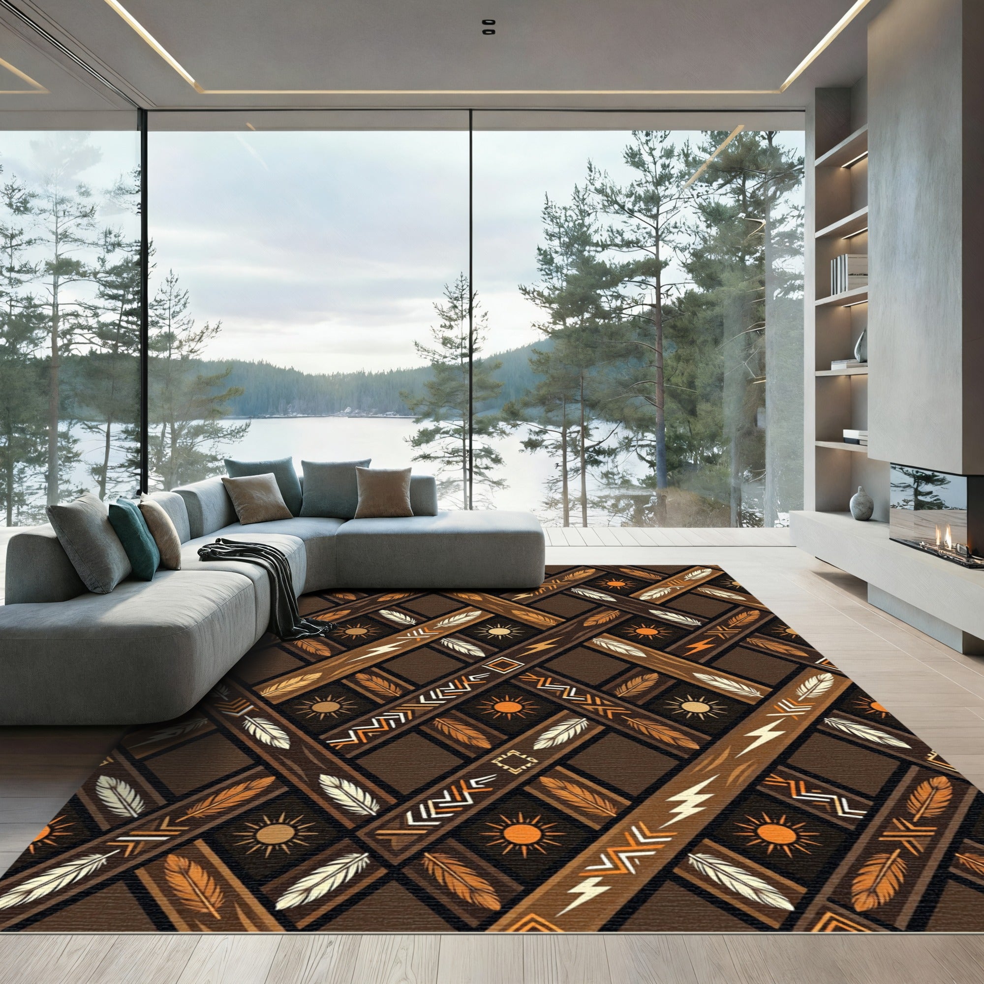 Earthy Brown Boho Geometric Feather Rug