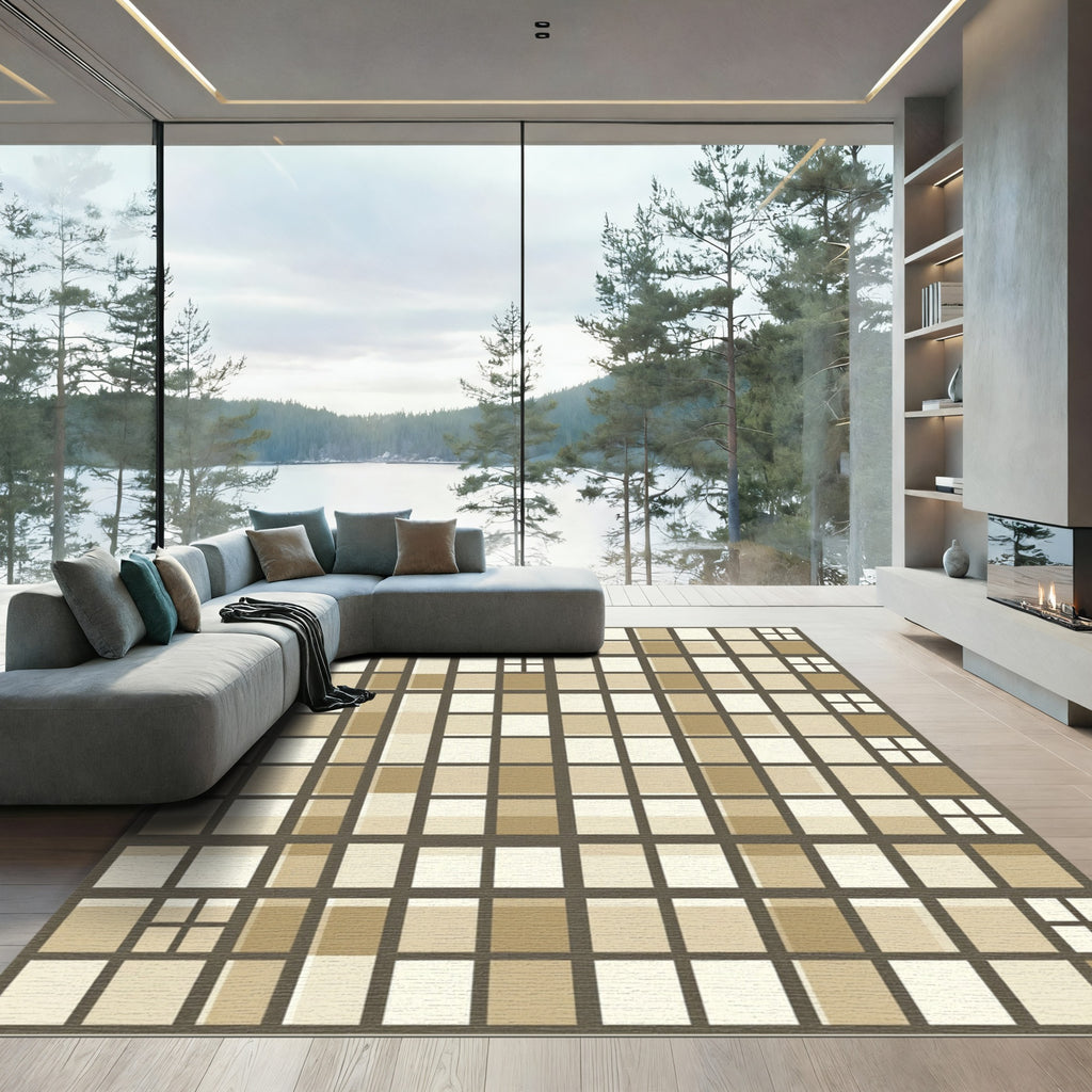 Earthy Geometric Grid with Light Squares Rug