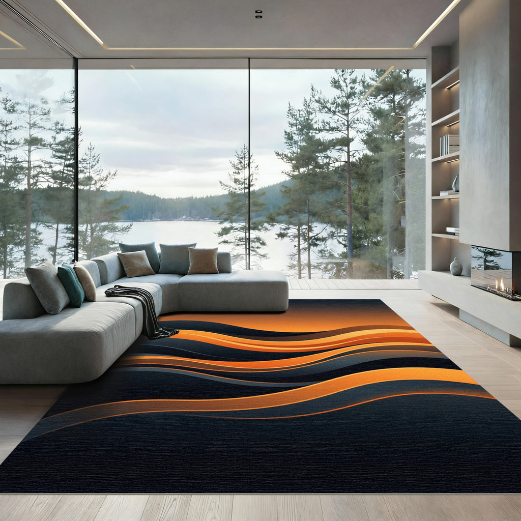 Modern Abstract Amber Black Wave Rug
