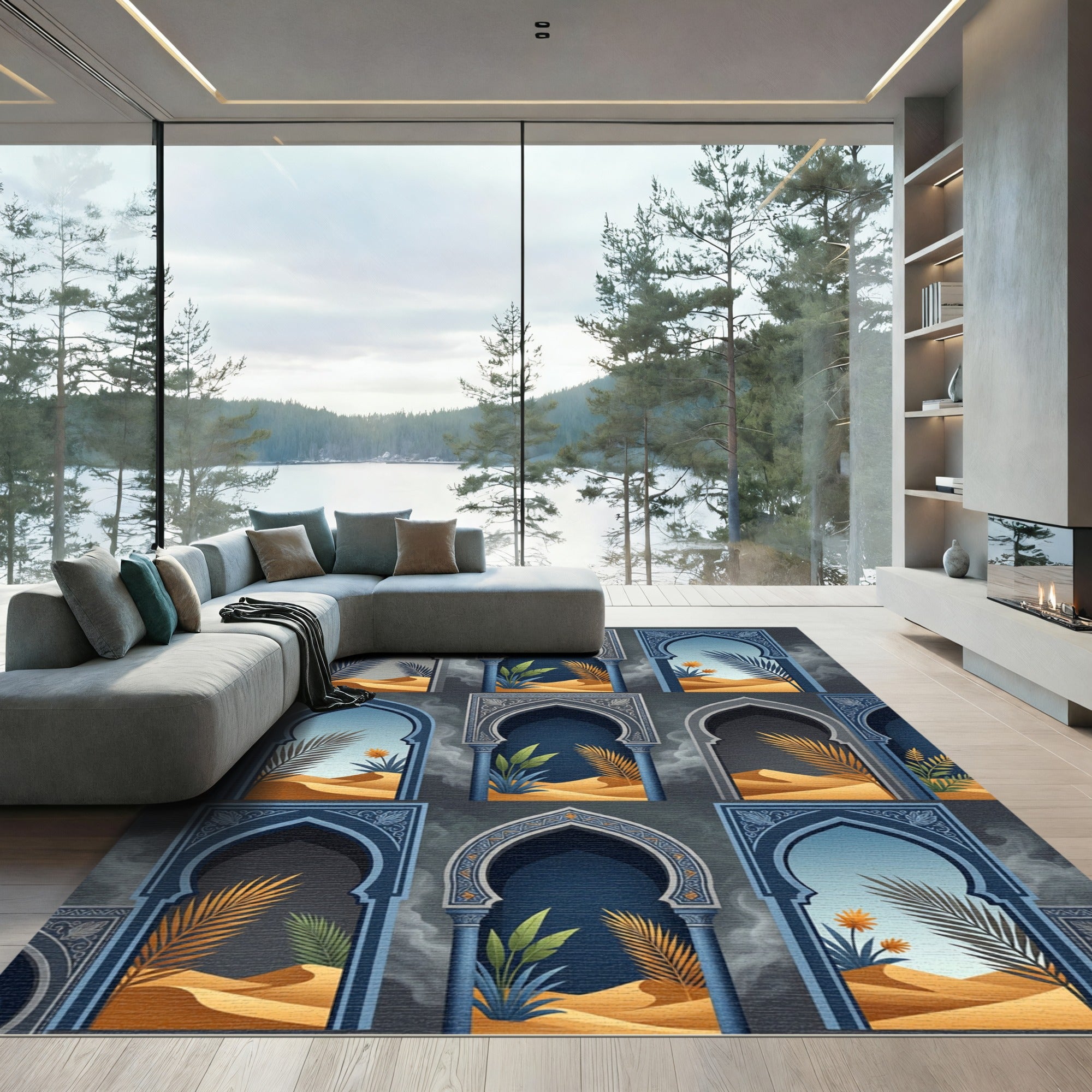Midnight Azure Arched Desert Palm Vista Rug