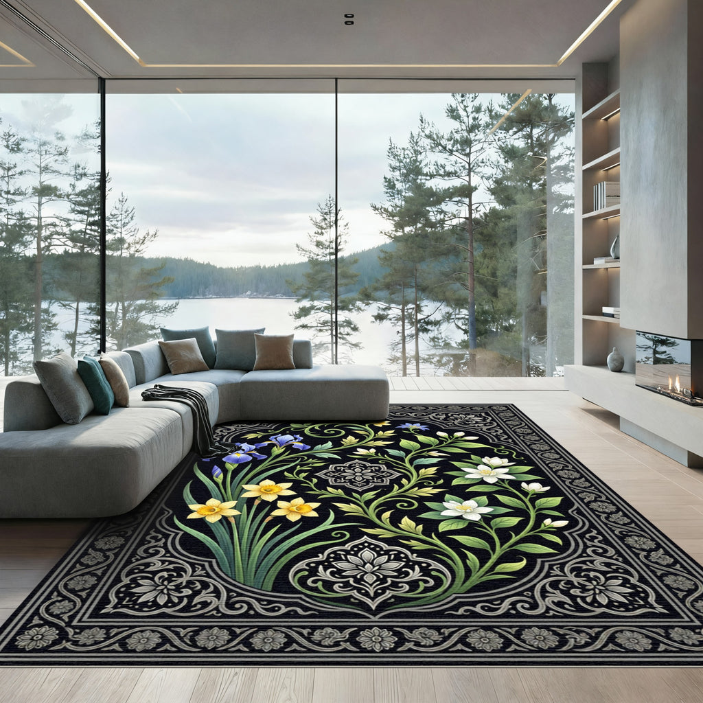 Botanical Black Floral Gold Iris Rug