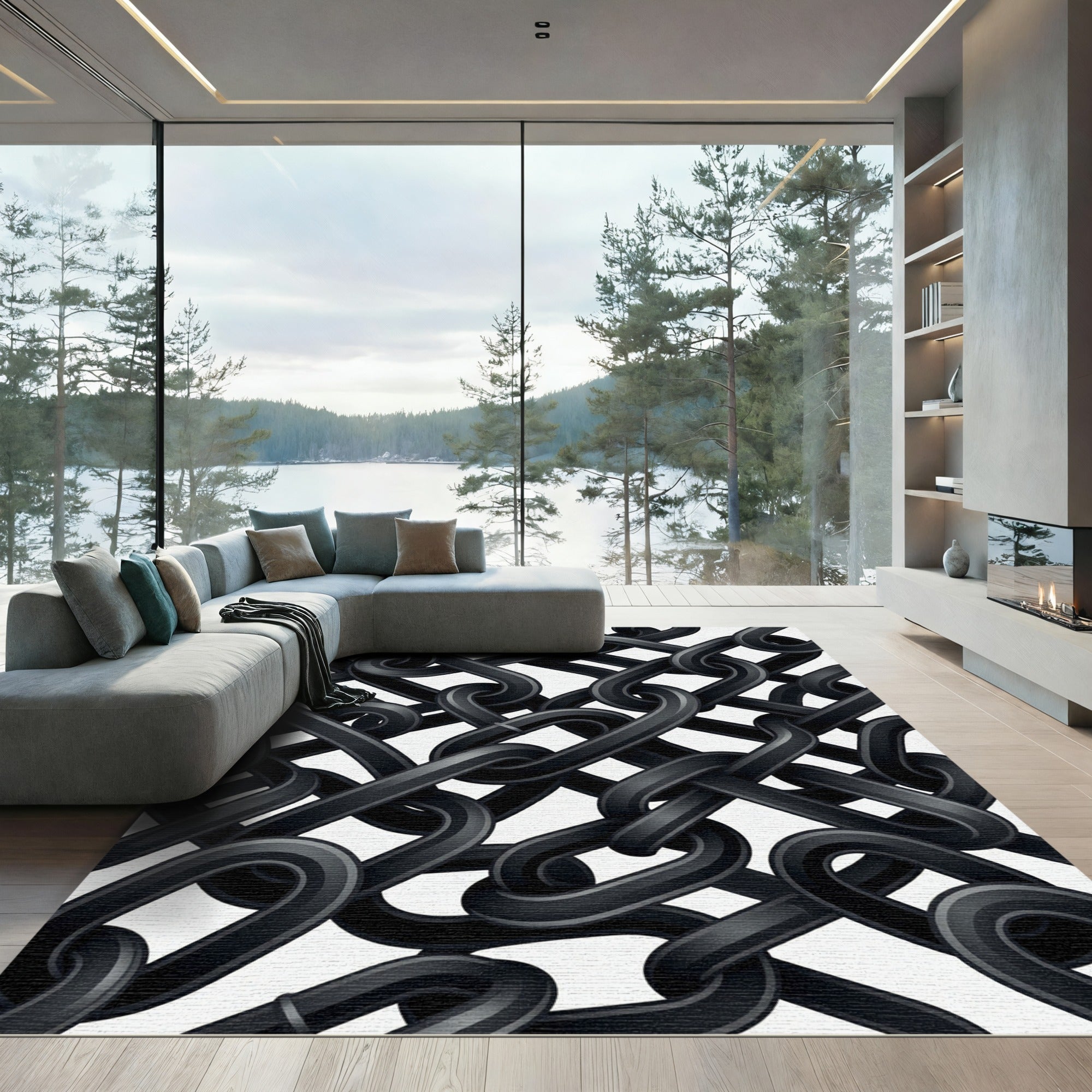 Monochrome Interlocking Industrial Chain Rug