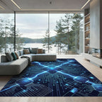 Luminous Blue Cybernetic Circuitry Geometric Rug